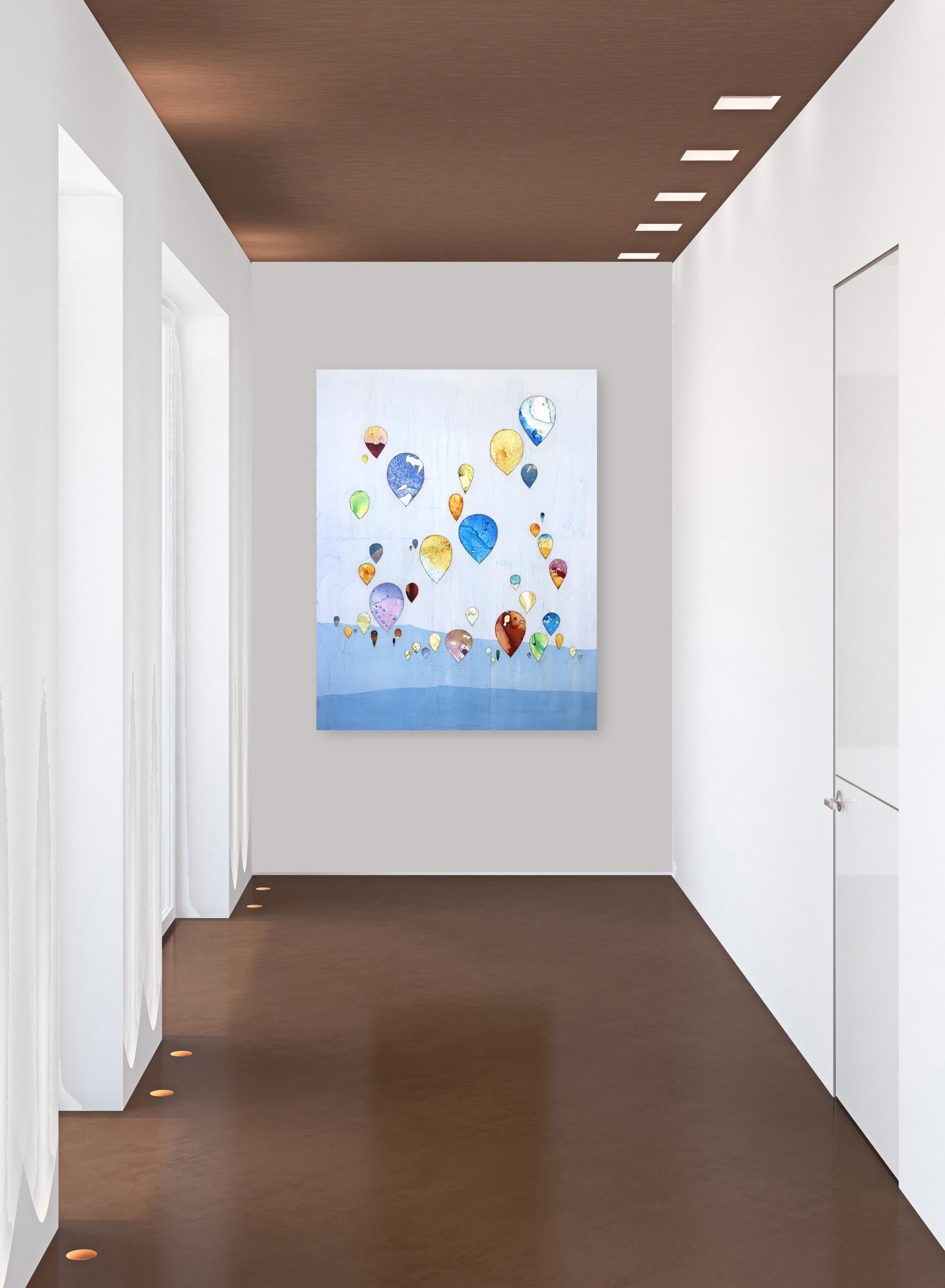 With Flying Colors - Large Original Boho Minimalist Landscape Balloon Artwork - Painting by Peter Kuttner