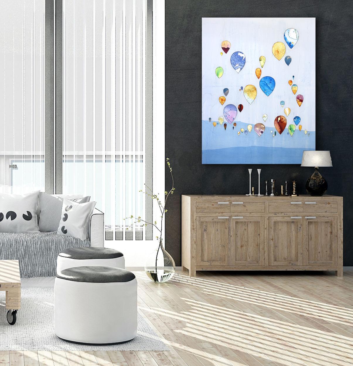 With Flying Colors - Large Original Boho Minimalist Landscape Balloon Artwork - Contemporary Painting by Peter Kuttner