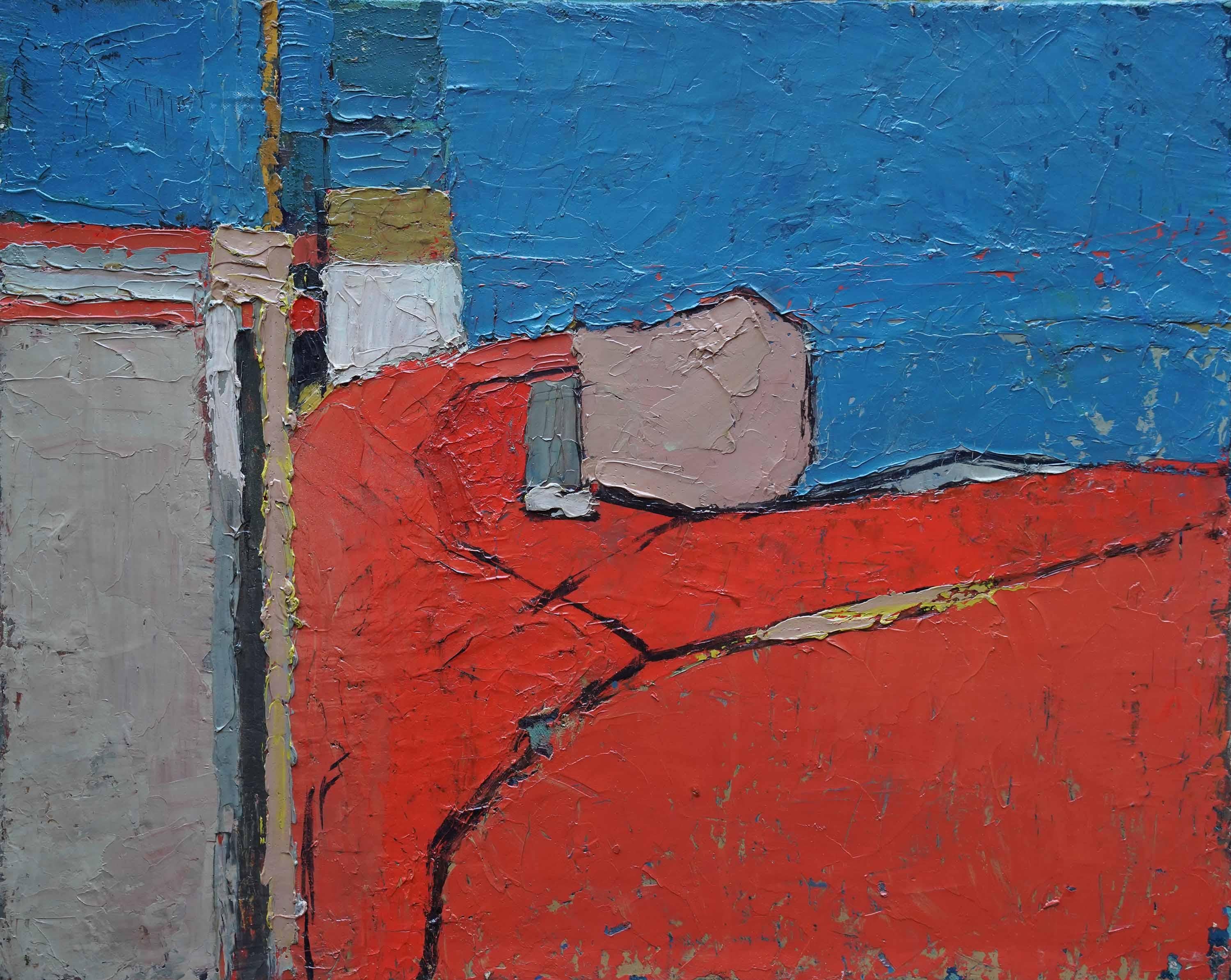 Abstract Red on Blue Landscape - British fifties abstract art oil painting - Painting by Peter L Field