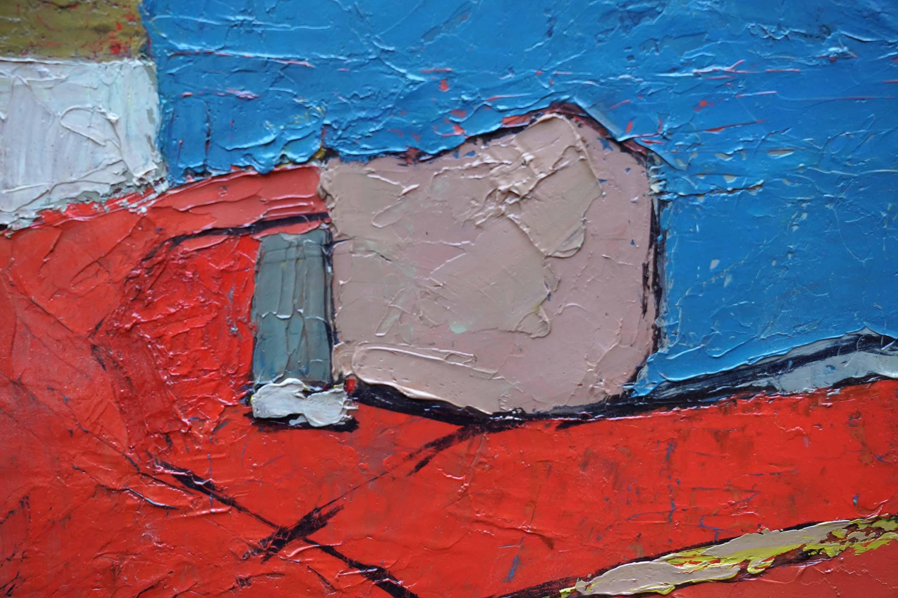 Abstract Red on Blue Landscape - British fifties abstract art oil painting - Brown Abstract Painting by Peter L Field