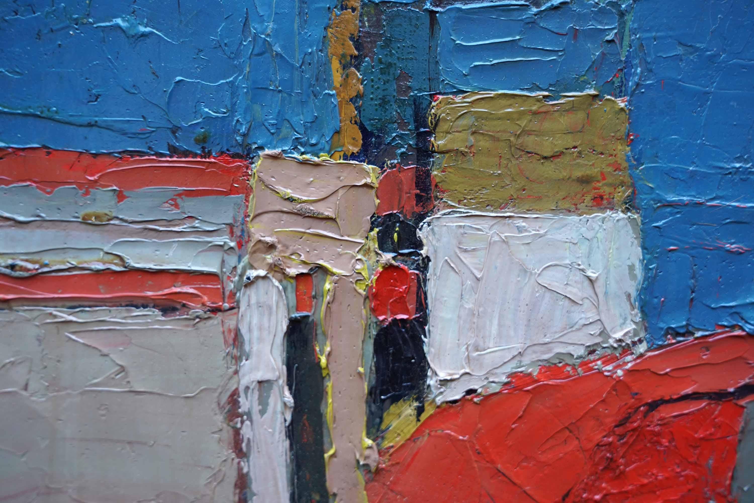 This fantastic British Abstract oil painting is by artist Peter Field. It was painted circa 1955 on canvas. The composition, hung landscape, is vivid red intersected with black lines on blue with vertical lines to the left. It is really pleasing to