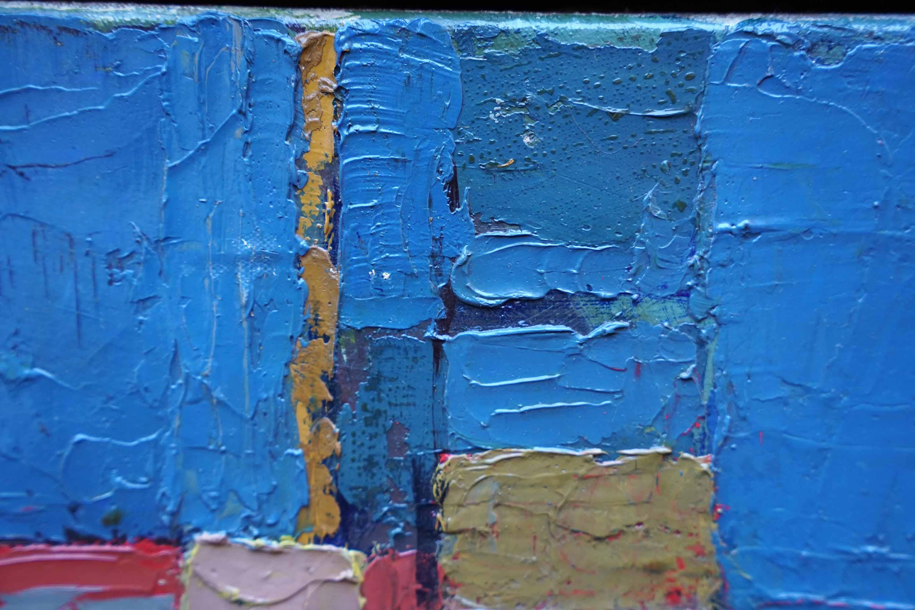 Abstract Red on Blue Landscape - British fifties abstract art oil painting For Sale 1