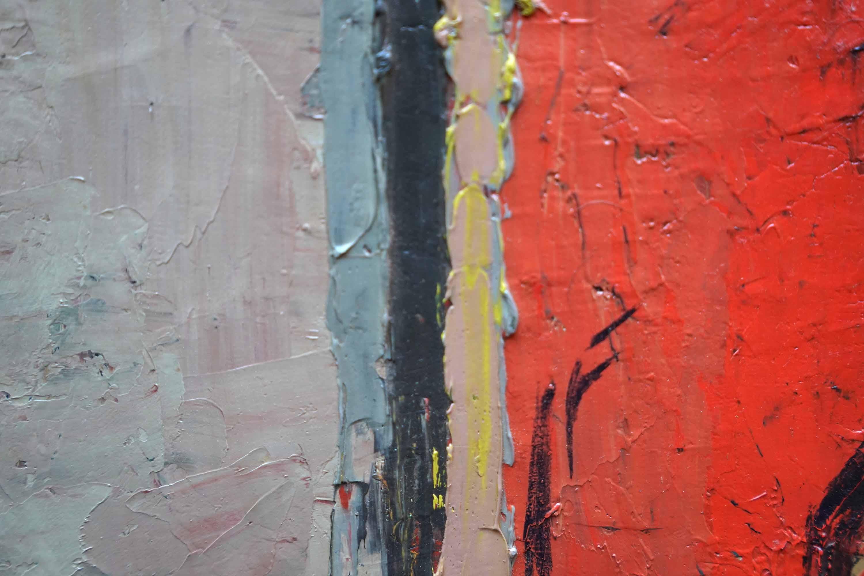 Abstract Red on Blue Landscape - British fifties abstract art oil painting For Sale 2