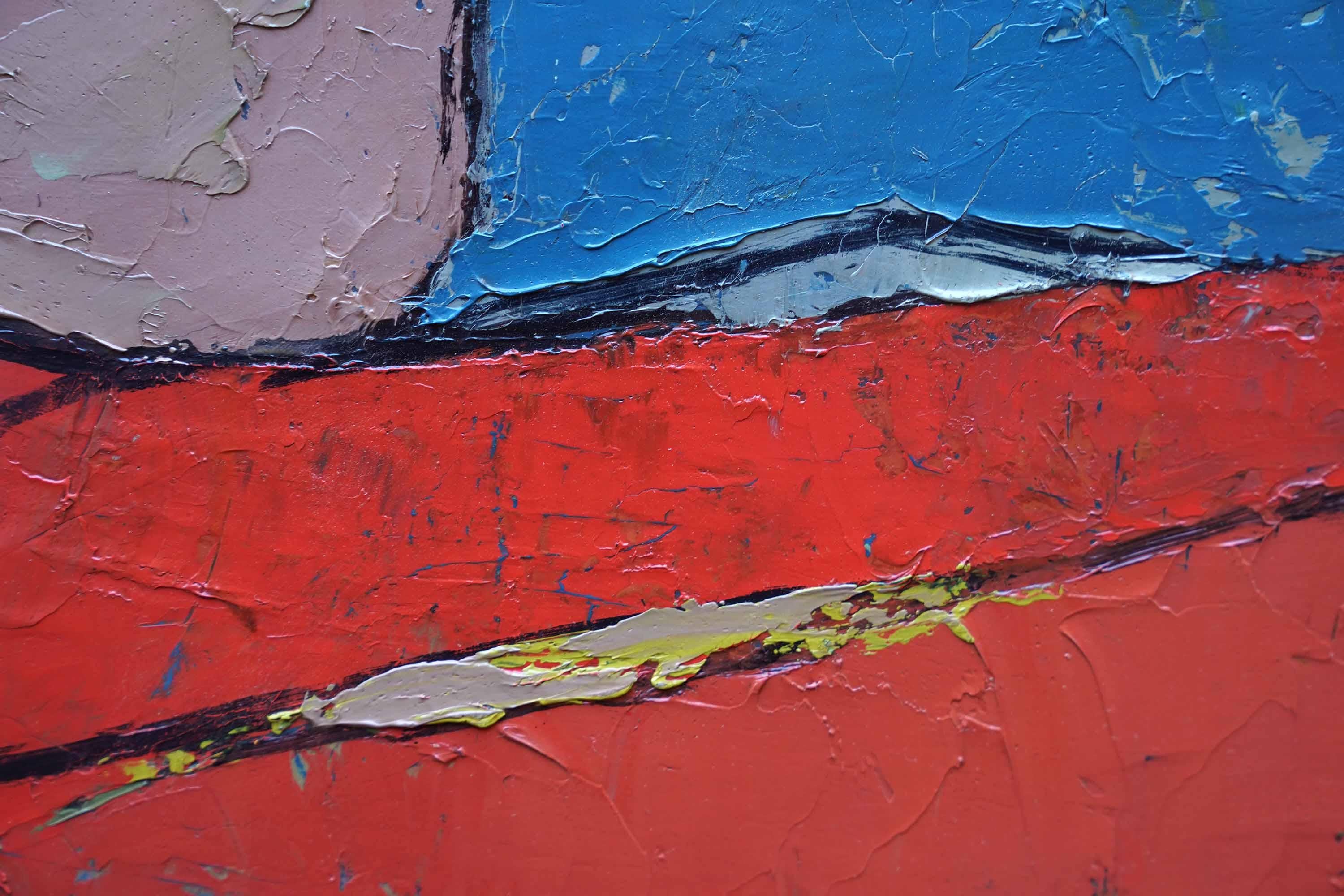 Abstract Red on Blue Landscape - British fifties abstract art oil painting For Sale 3