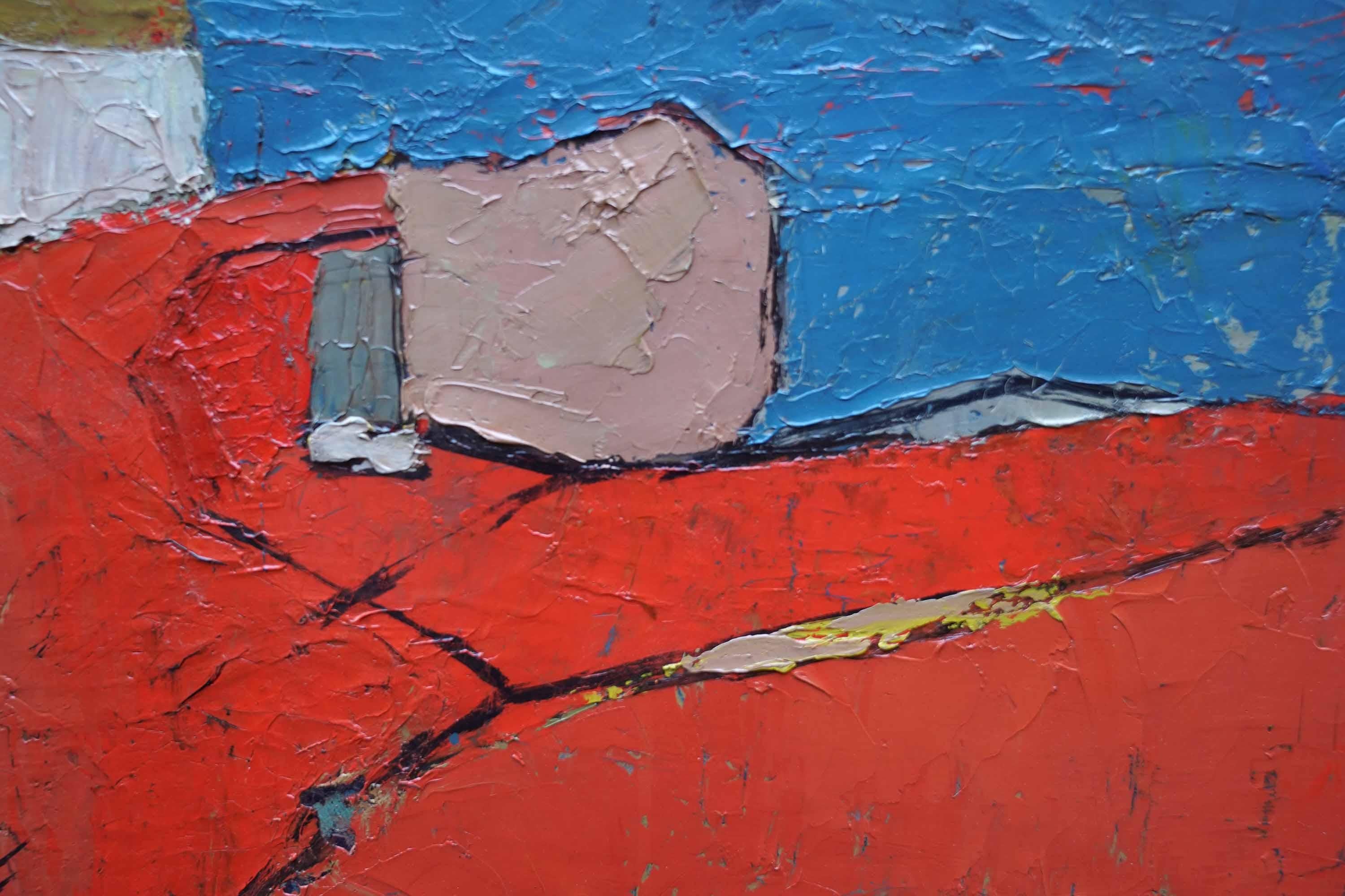 Abstract Red on Blue Landscape - British fifties abstract art oil painting For Sale 4