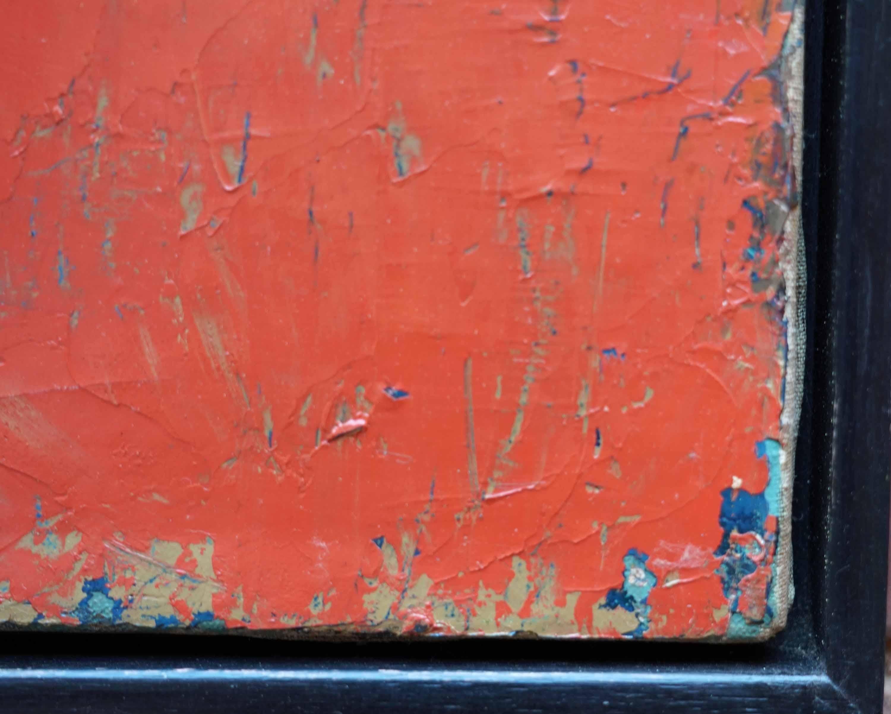Abstract Red on Blue Landscape - British fifties abstract art oil painting For Sale 5