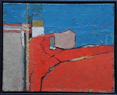 Vintage Abstract Red on Blue Landscape - British fifties abstract art oil painting