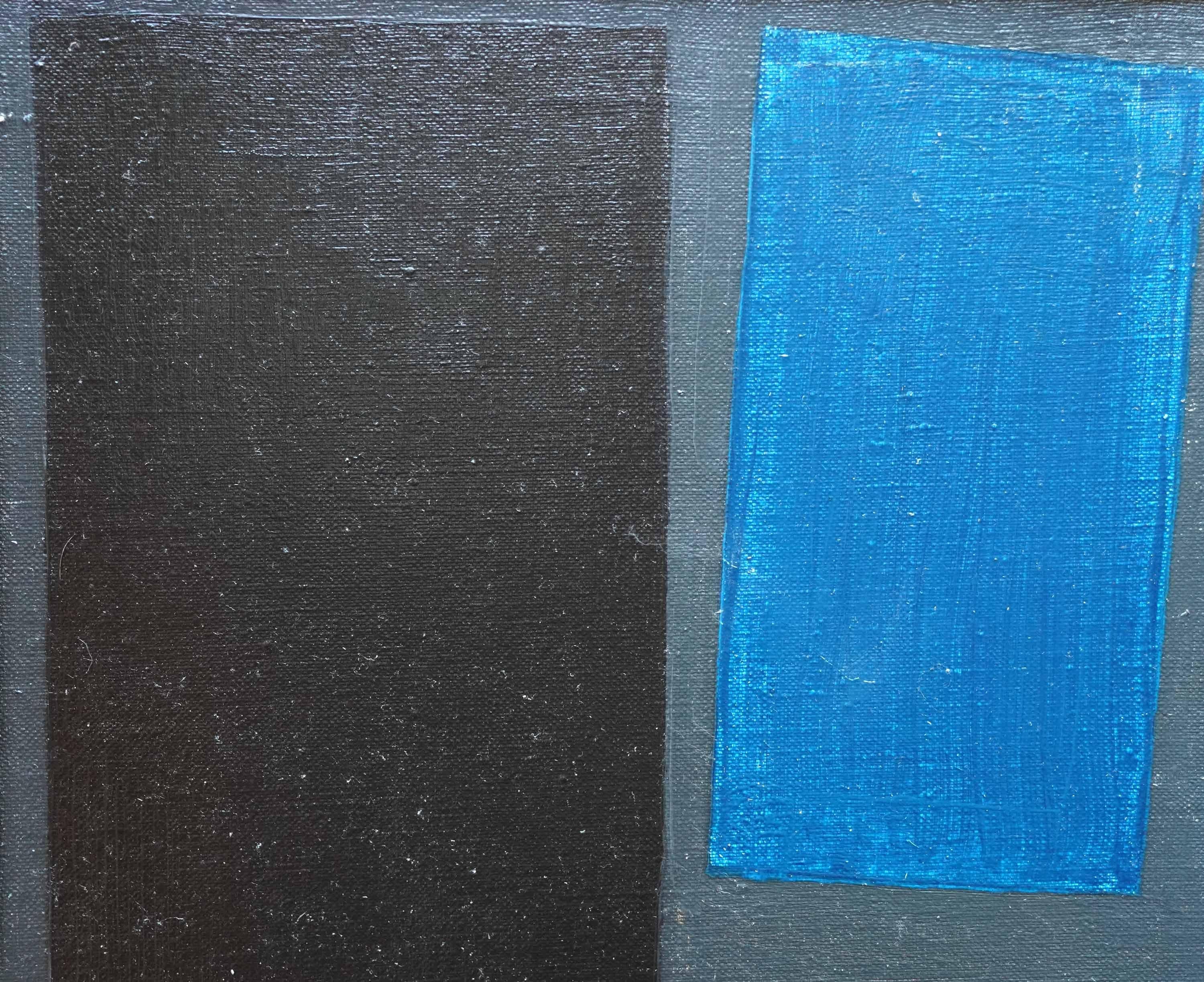 Abstract with Blue Oblong Right - British fifties abstract art oil painting - Gray Abstract Painting by Peter L Field