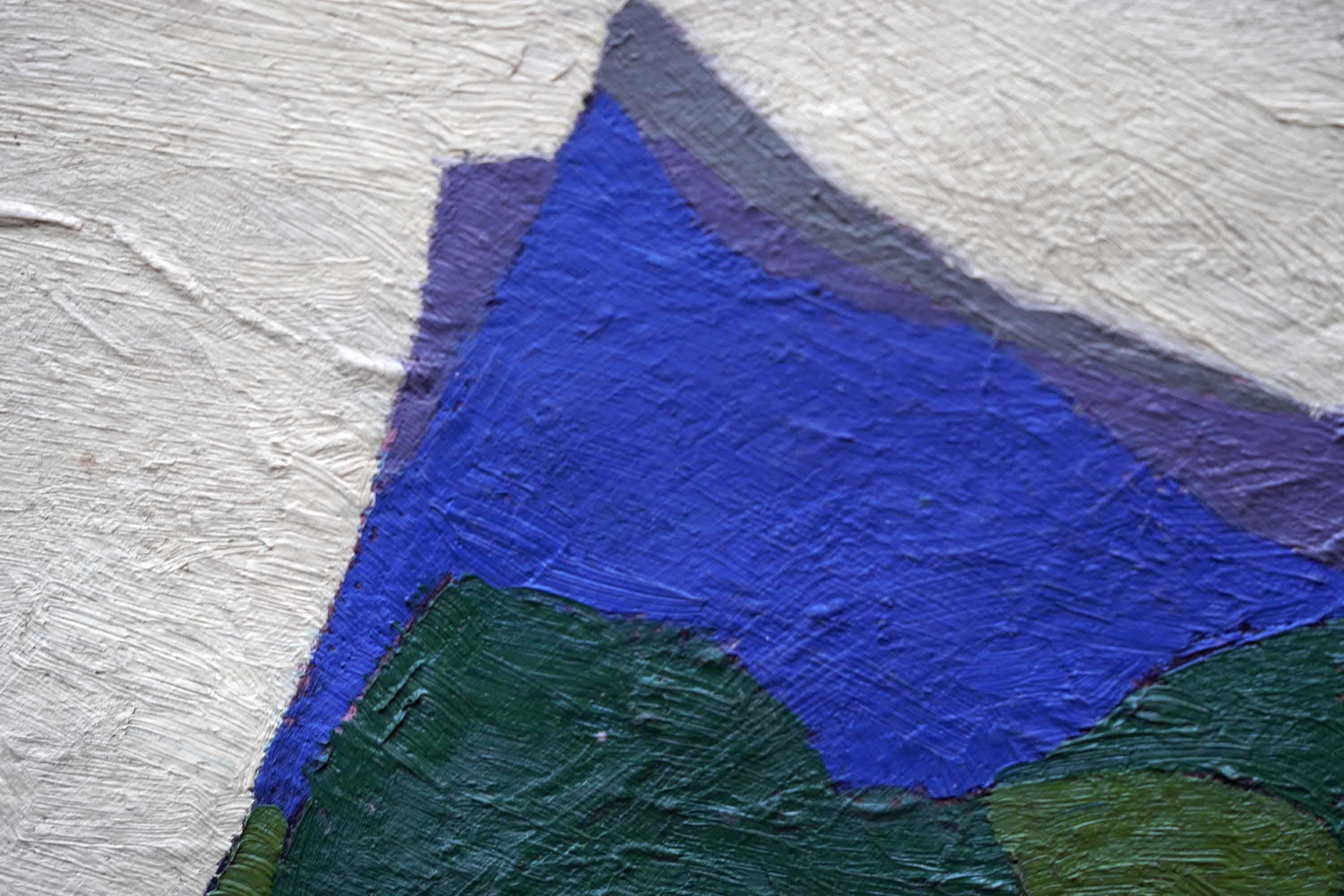 This fantastic British Abstract oil painting is by artist Peter Field. It was painted circa 1955 on canvas and there is an equally good portrait of a man verso. The composition has layers of green and grey shapes against a pale yellow background on