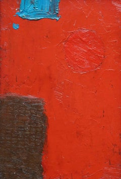 Blue Brown Shapes on Red Abstract - British fifties abstract art oil painting