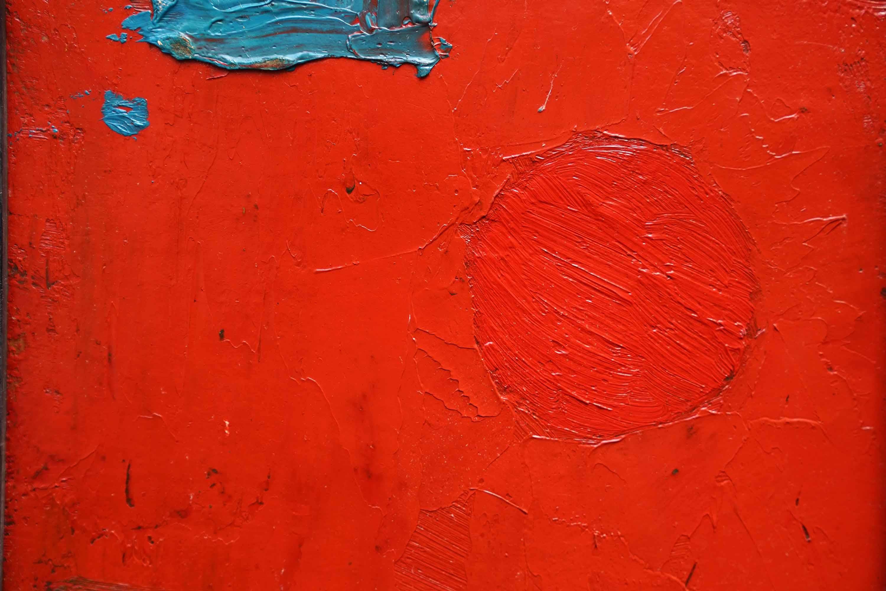 Blue Brown Shapes on Red Abstract - British fifties abstract art oil painting - Black Abstract Painting by Peter L Field