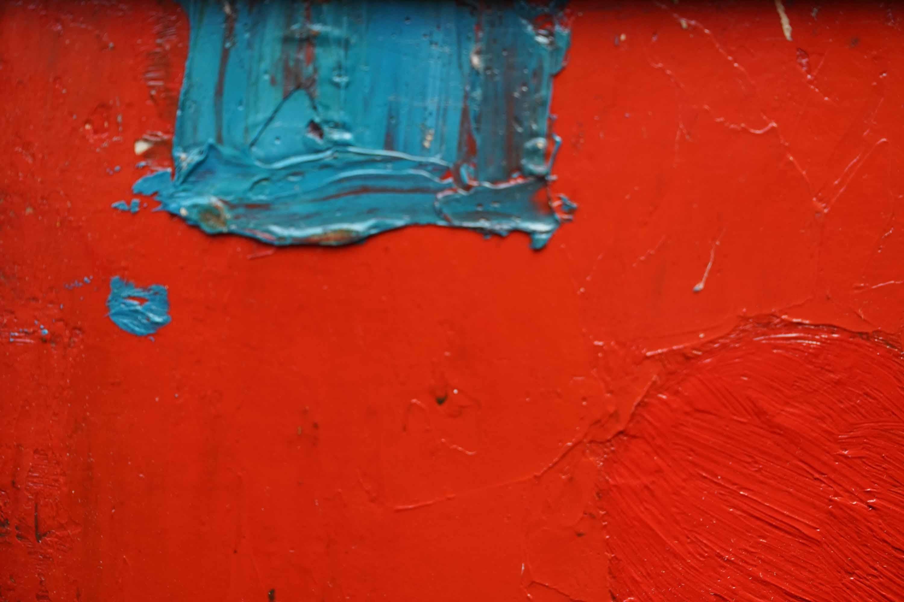 This interesting British Abstract oil painting is by artist Peter Field. Painted circa 1955 on board, the composition is a blue square and brown oblong on a vivid red background with a red circle. The colours just zing out and one can clearly see