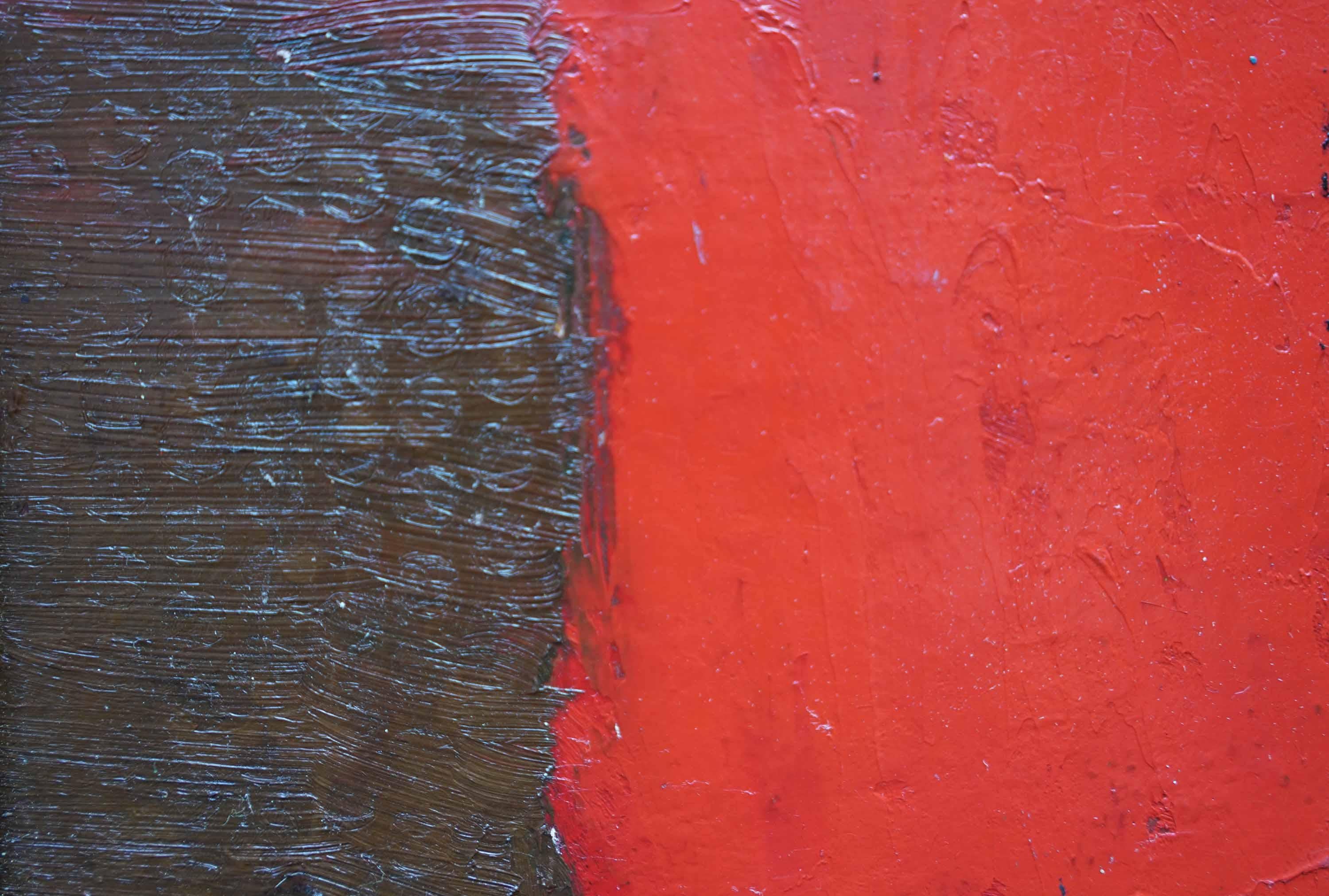 Blue Brown Shapes on Red Abstract - British fifties abstract art oil painting For Sale 2