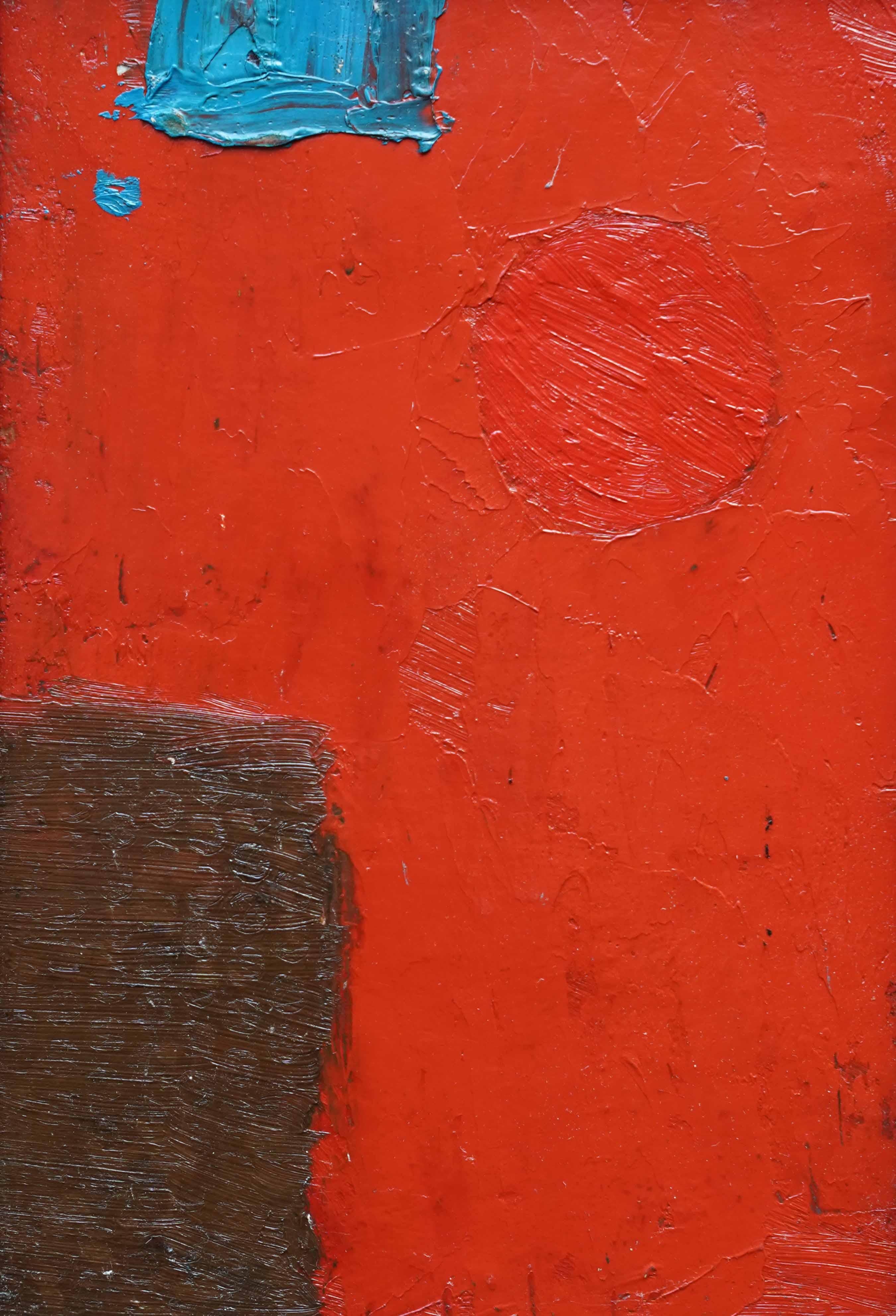Blue Brown Shapes on Red Abstract - British fifties abstract art oil painting For Sale 4
