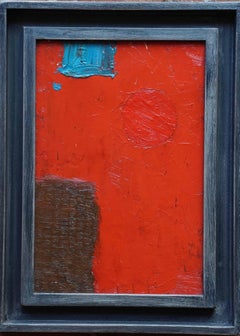 Vintage Blue Brown Shapes on Red Abstract - British fifties abstract art oil painting