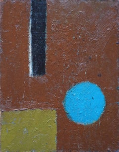 Blue Circle on Brown Abstract - British Fifties abstract art oil painting