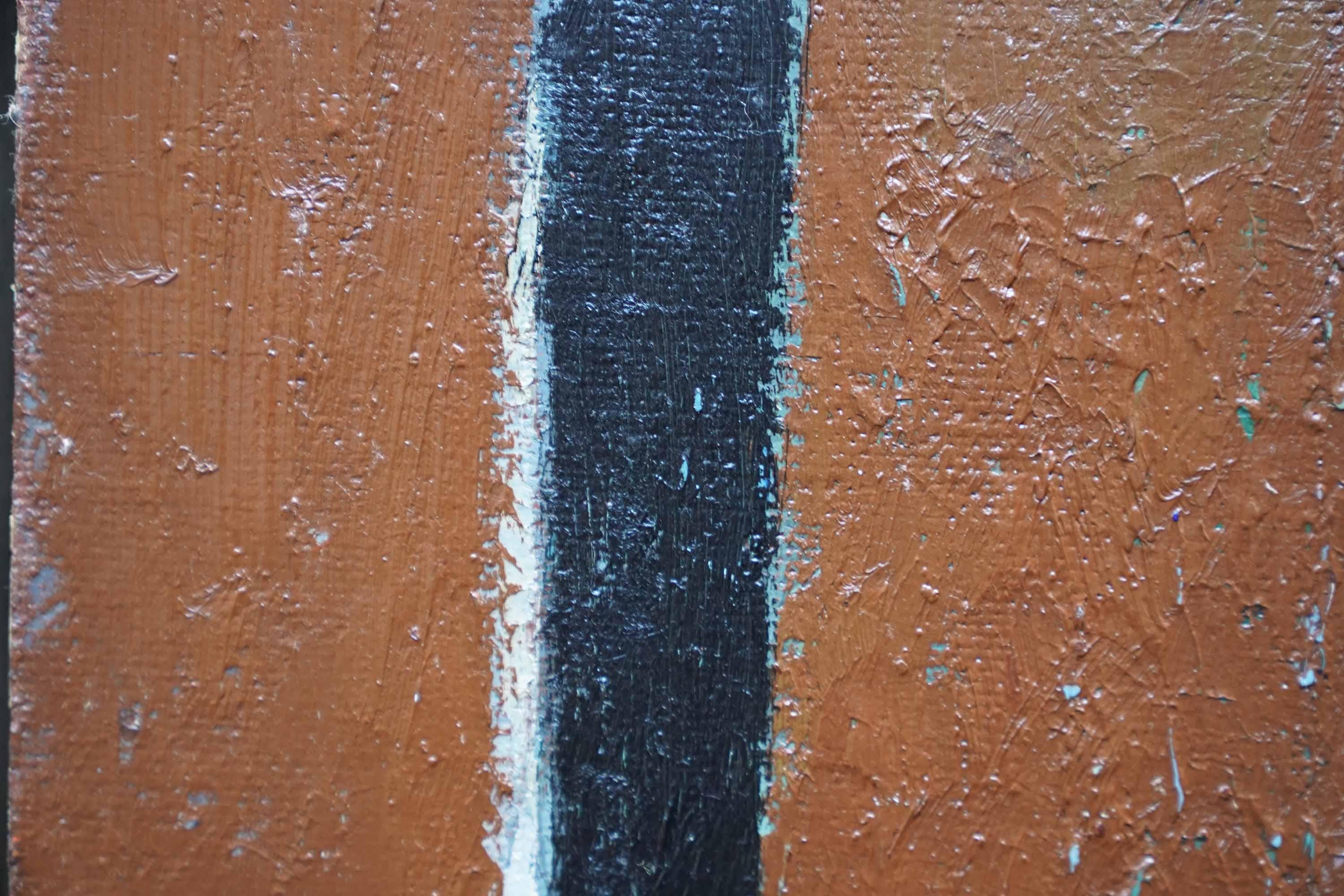 This interesting British Abstract oil painting is by artist Peter Field. Painted circa 1955 on board, it is an abstract composition with 3 geometric different coloured shapes on a rich brown background. The blue circle is really vivid and one can