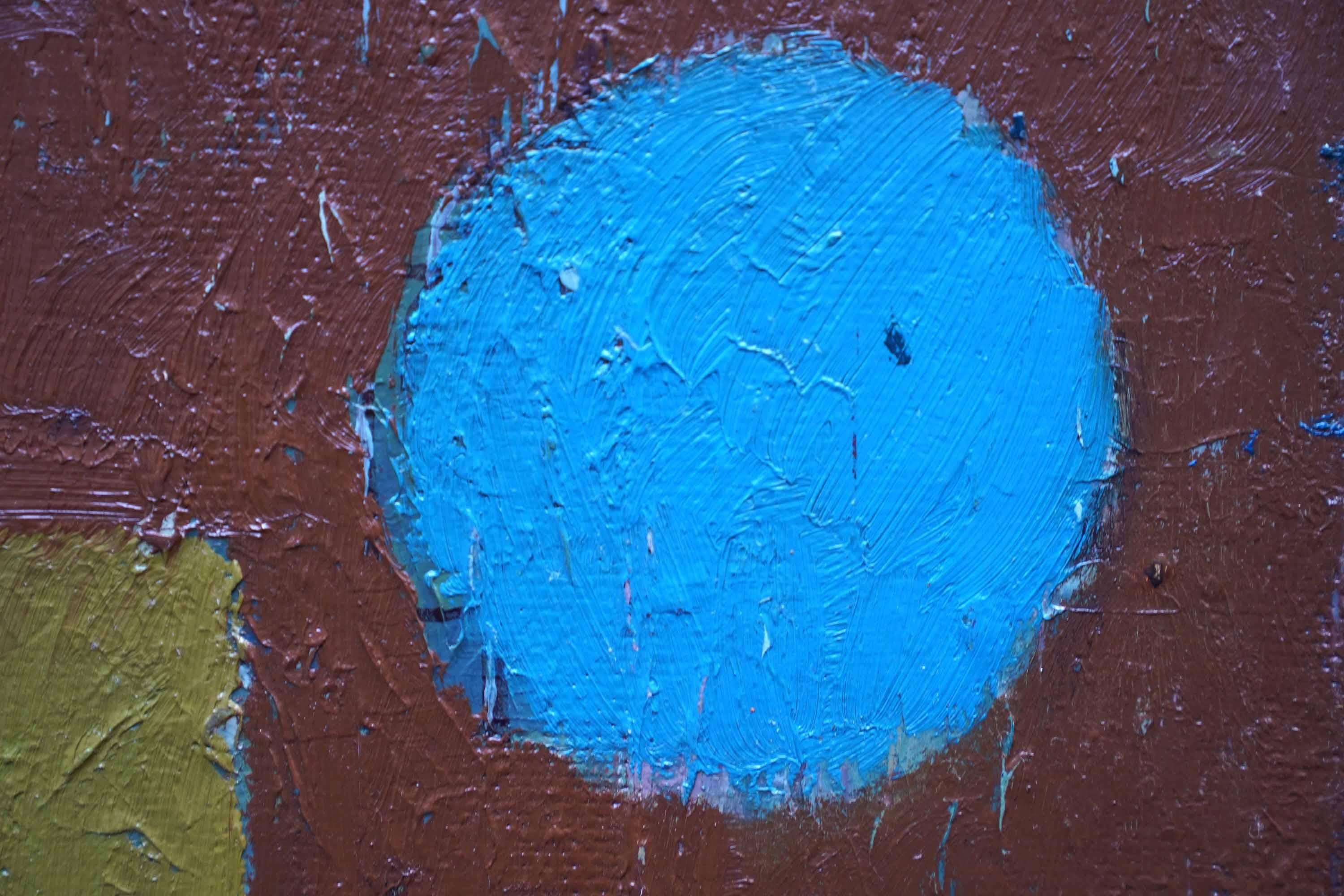 Blue Circle on Brown Abstract - British Fifties abstract art oil painting For Sale 1