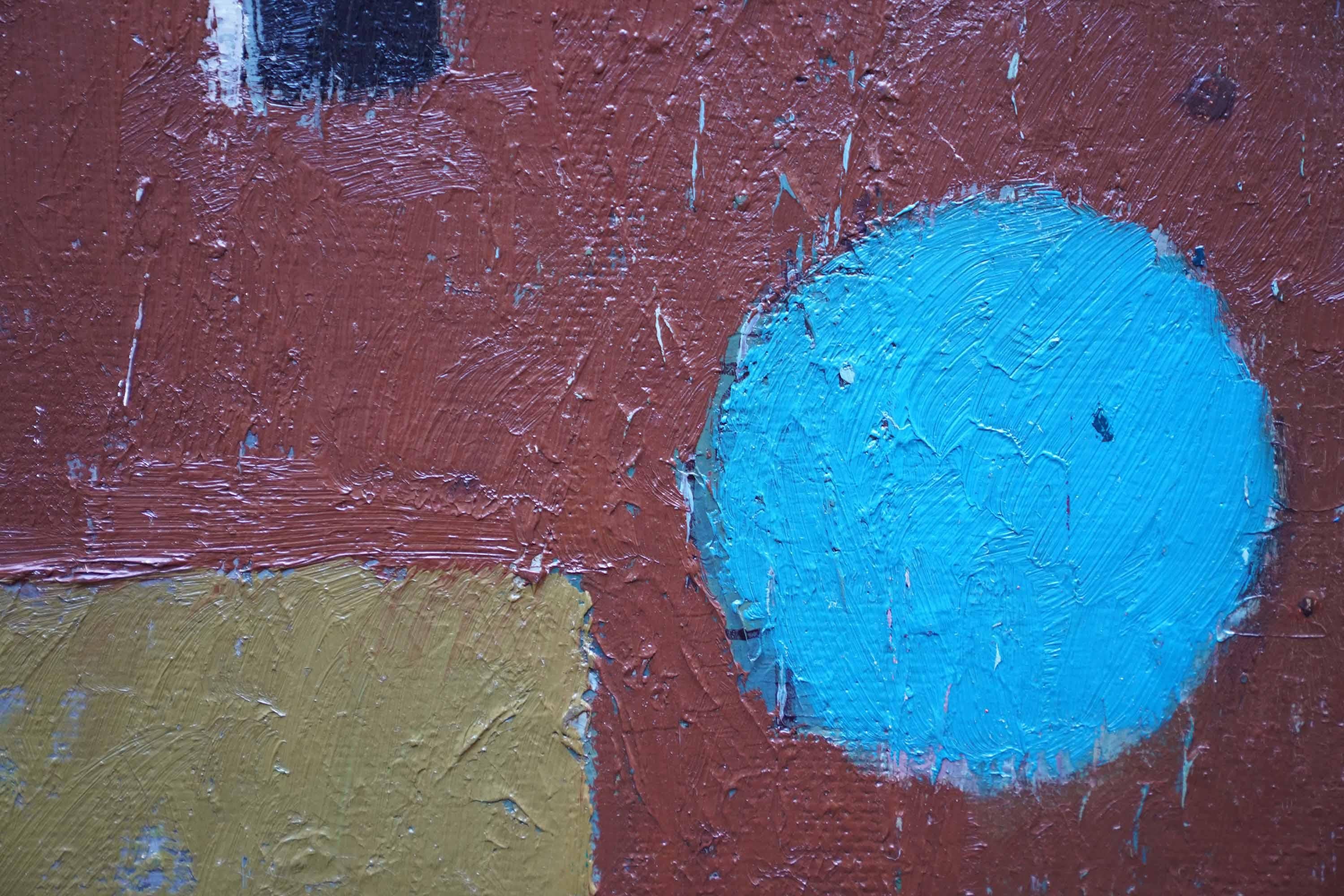 Blue Circle on Brown Abstract - British Fifties abstract art oil painting For Sale 3