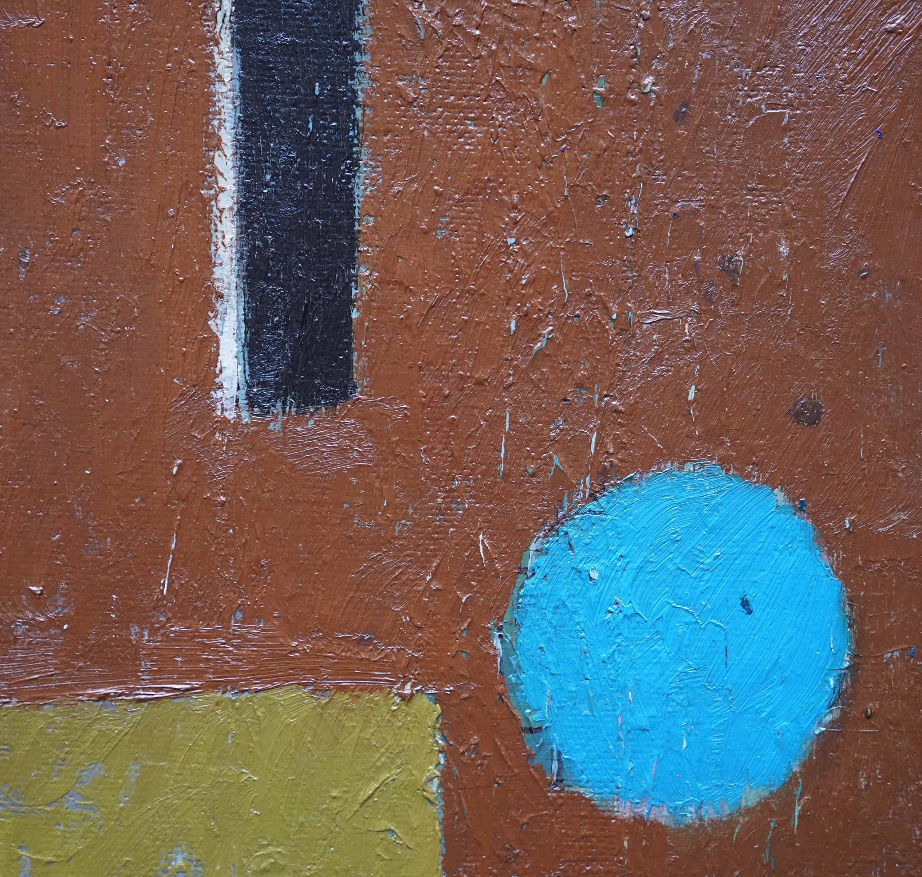 Blue Circle on Brown Abstract - British Fifties abstract art oil painting For Sale 4