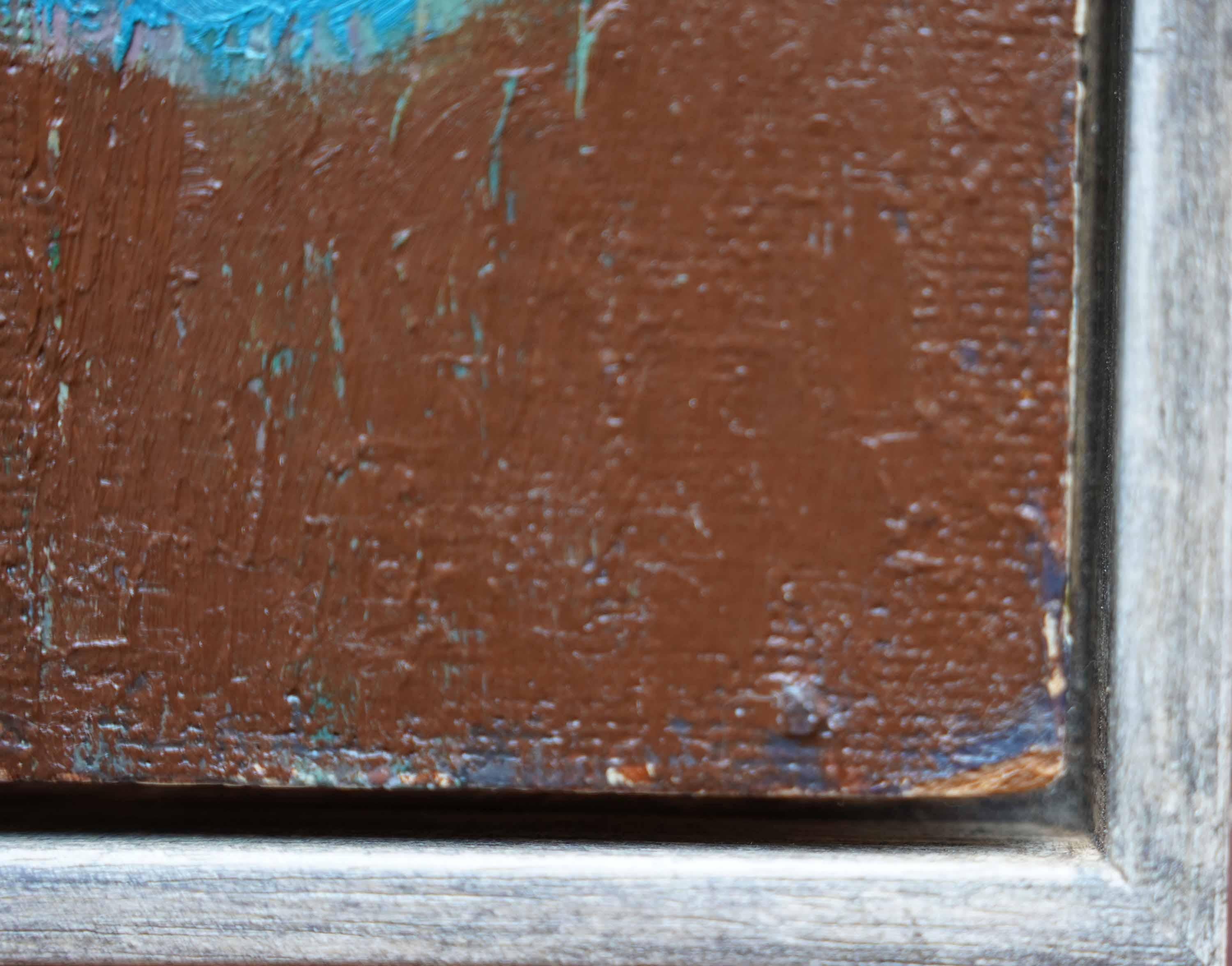Blue Circle on Brown Abstract - British Fifties abstract art oil painting For Sale 6