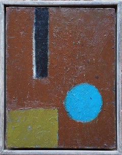 Vintage Blue Circle on Brown Abstract - British Fifties abstract art oil painting