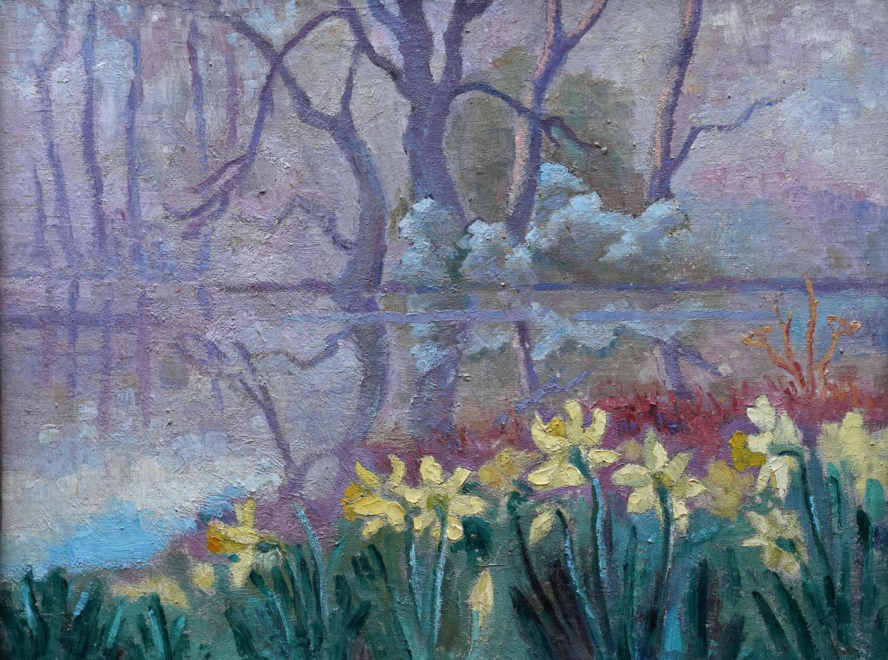 Daffodils in Lake Landscape - British 50's Post Impressionist art oil painting For Sale 5