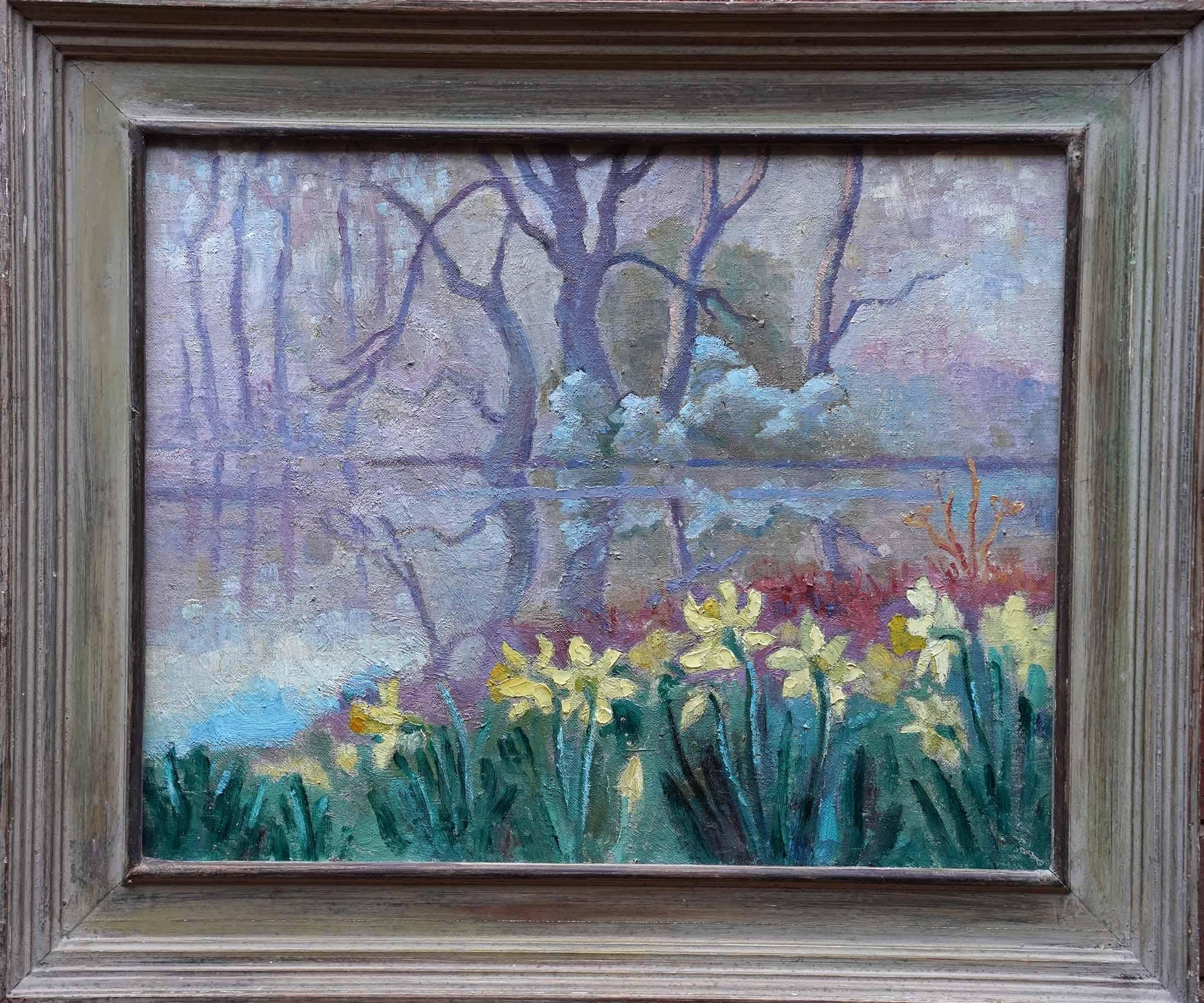 Daffodils in Lake Landscape - British 50's Post Impressionist art oil painting For Sale 6