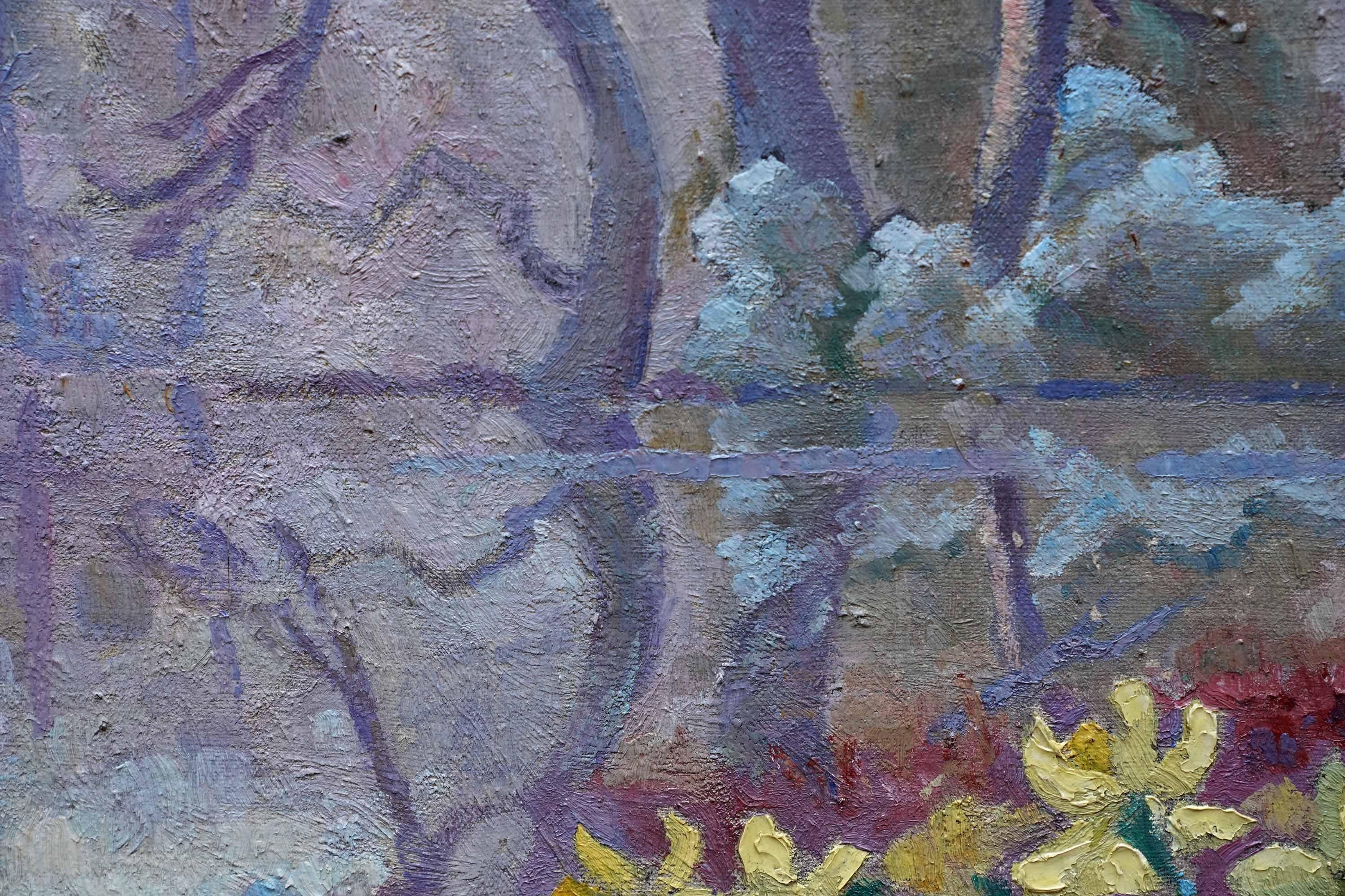 Daffodils in Lake Landscape - British 50's Post Impressionist art oil painting - Post-Impressionist Painting by Peter L Field