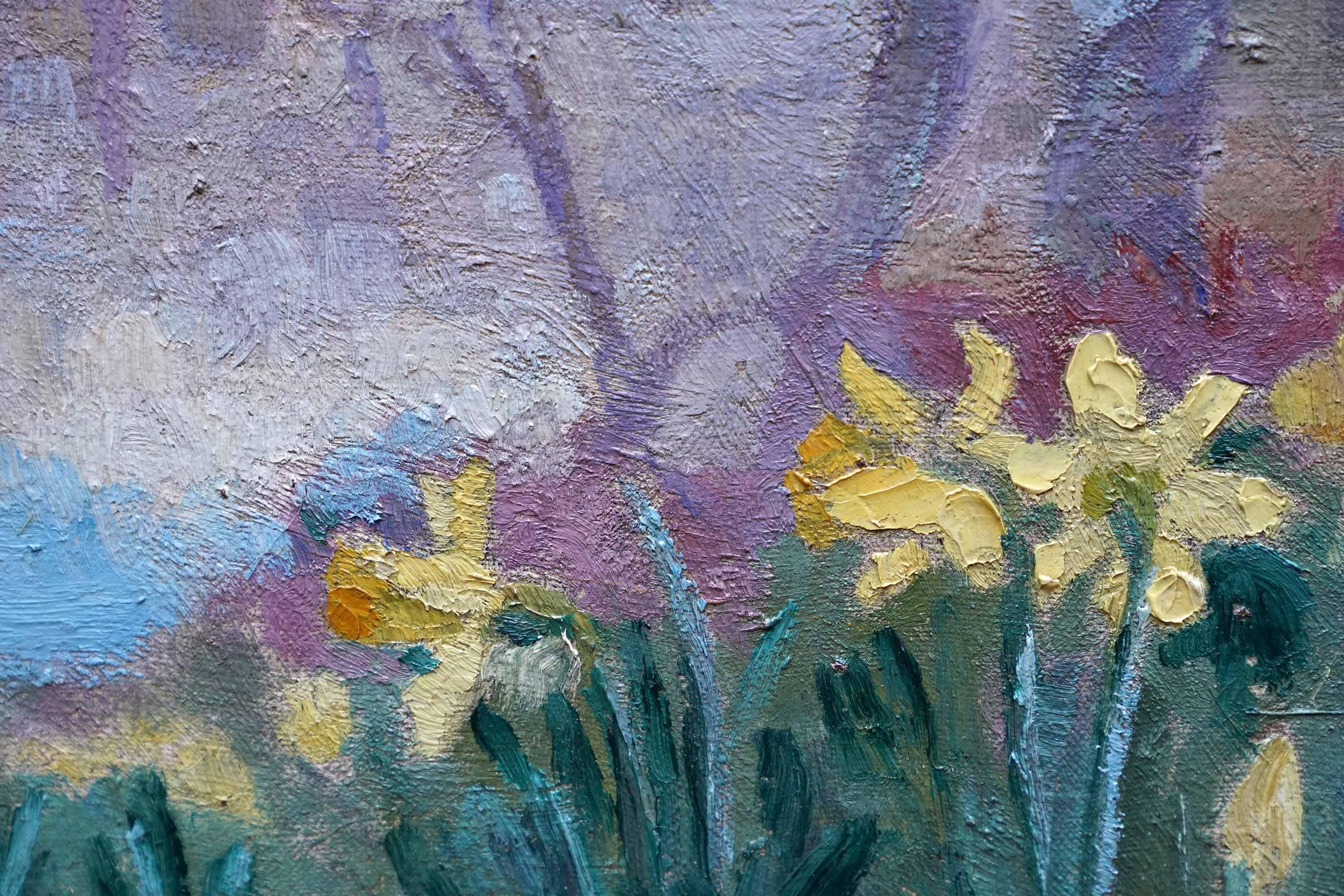 Daffodils in Lake Landscape - British 50's Post Impressionist art oil painting - Gray Landscape Painting by Peter L Field