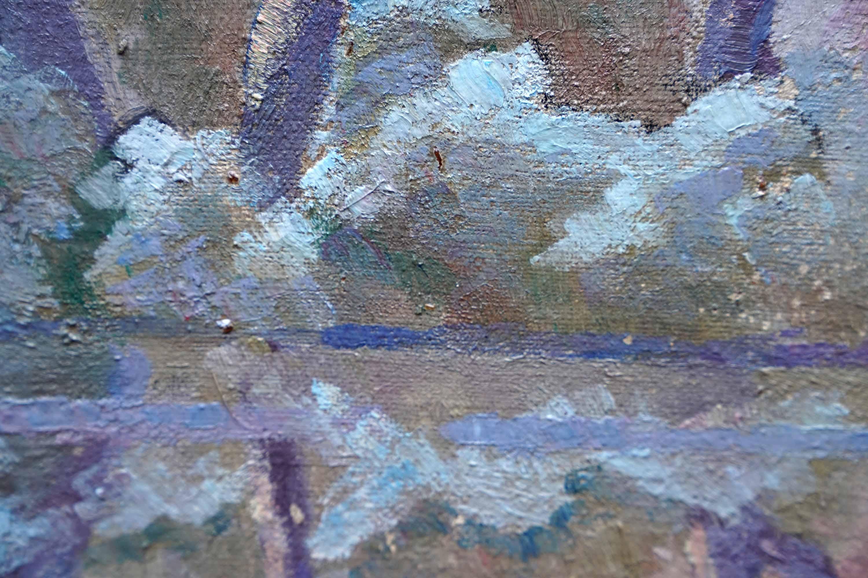 Daffodils in Lake Landscape - British 50's Post Impressionist art oil painting For Sale 1