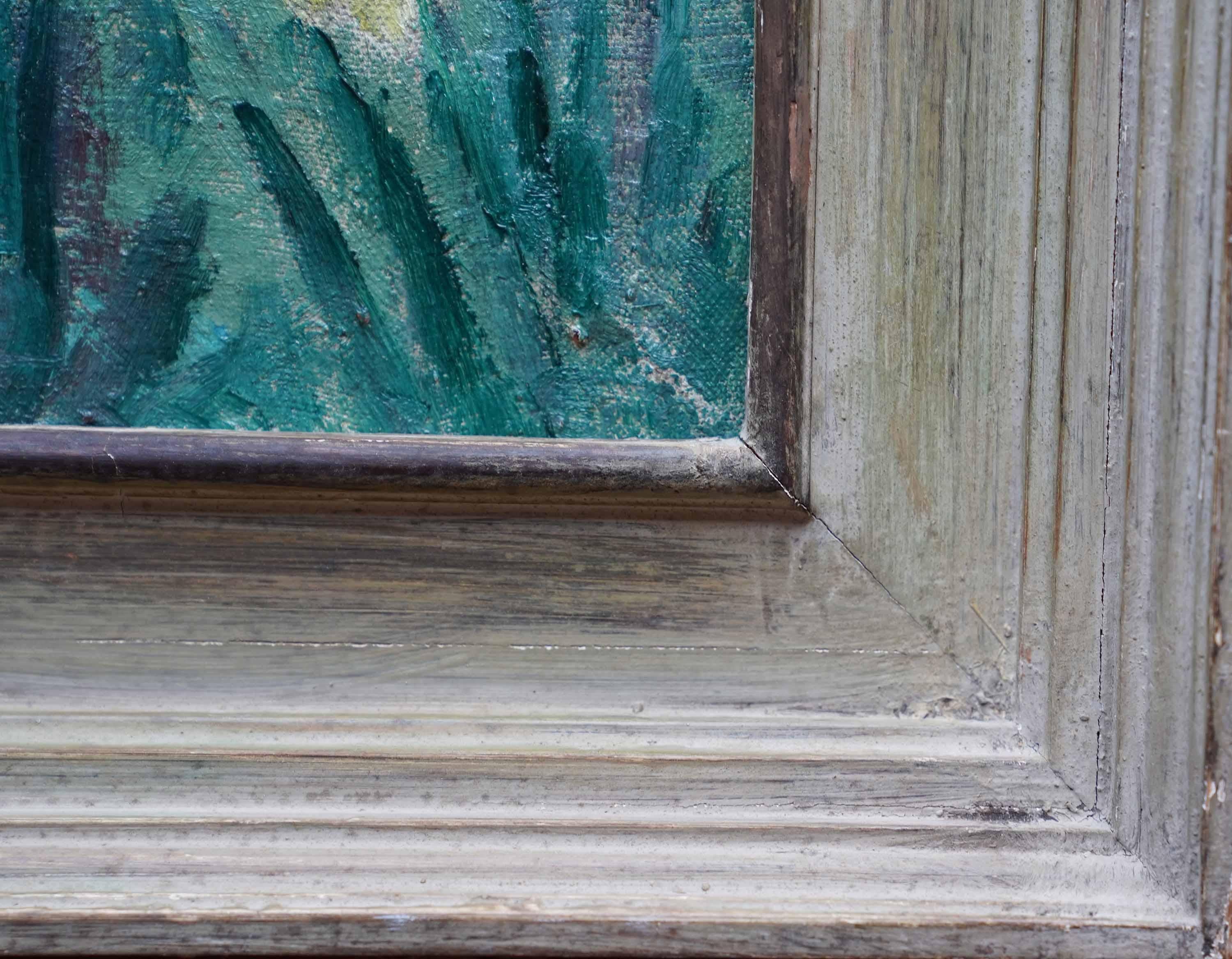 Daffodils in Lake Landscape - British 50's Post Impressionist art oil painting For Sale 3