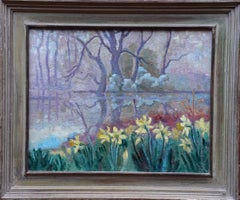 Daffodils in Lake Landscape - British 50's Post Impressionist art oil painting