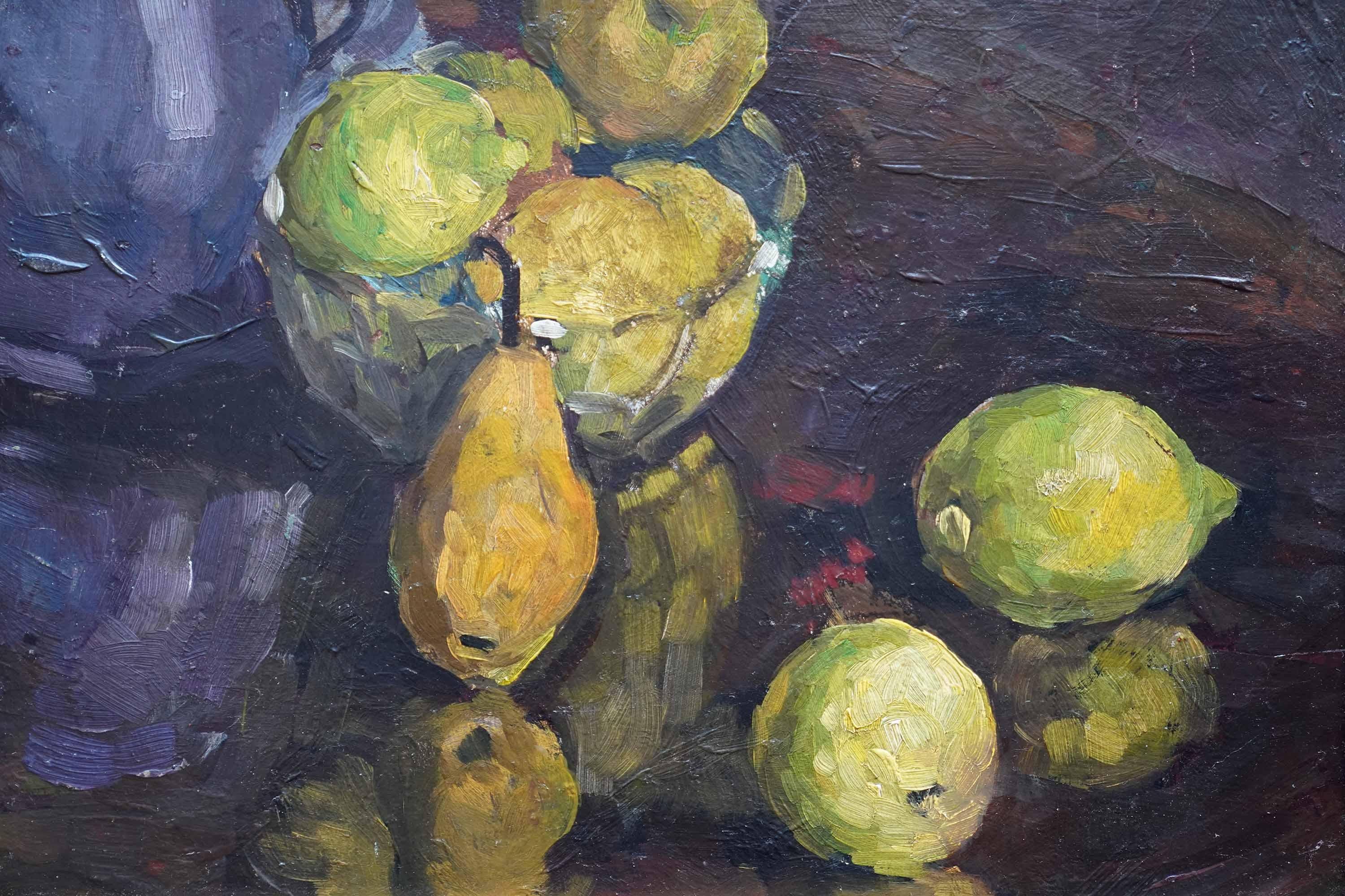Zitronen Birnen auf dem Tisch - Britische 50er Jahre Stillleben Post Impressionist Ölgemälde – Painting von Peter L Field