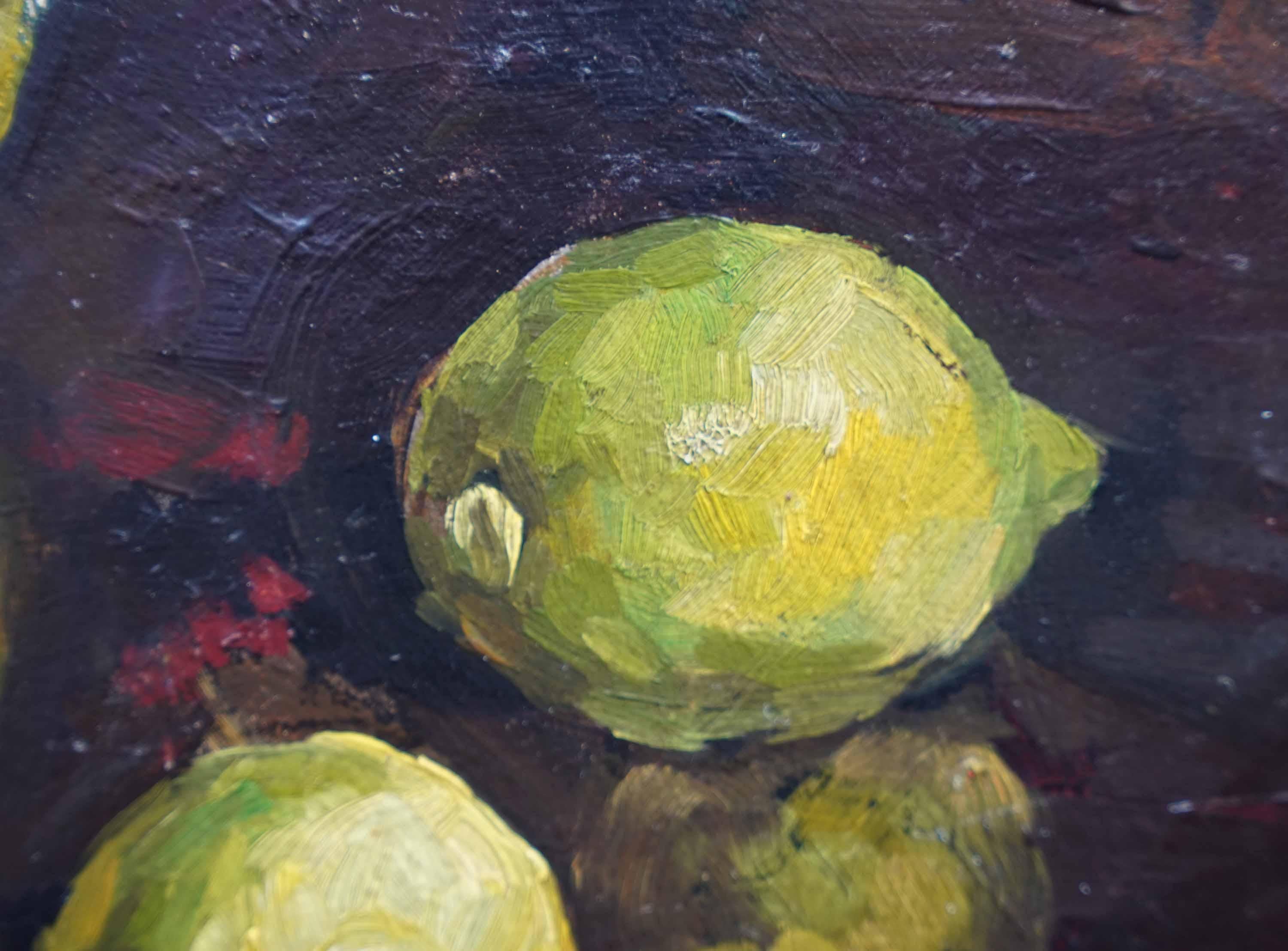 Zitronen Birnen auf dem Tisch - Britische 50er Jahre Stillleben Post Impressionist Ölgemälde (Post-Impressionismus), Painting, von Peter L Field