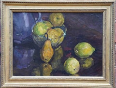 Zitronen Birnen auf dem Tisch - Britische 50er Jahre Stillleben Post Impressionist Ölgemälde
