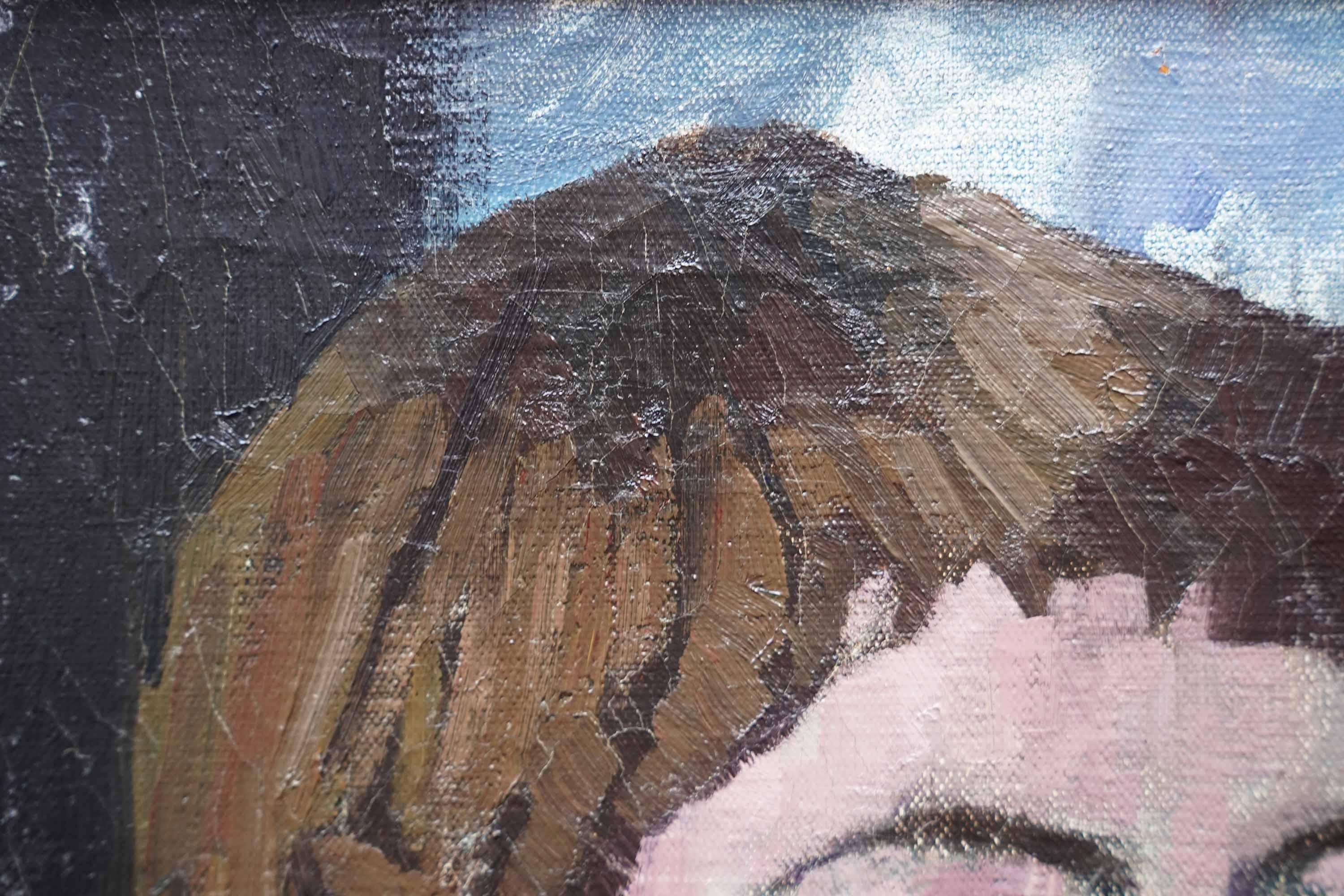 Portrait d'une jeune fille en robe bleue - peinture à l'huile britannique post-impressionniste des années 50 - Marron Portrait Painting par Peter L Field