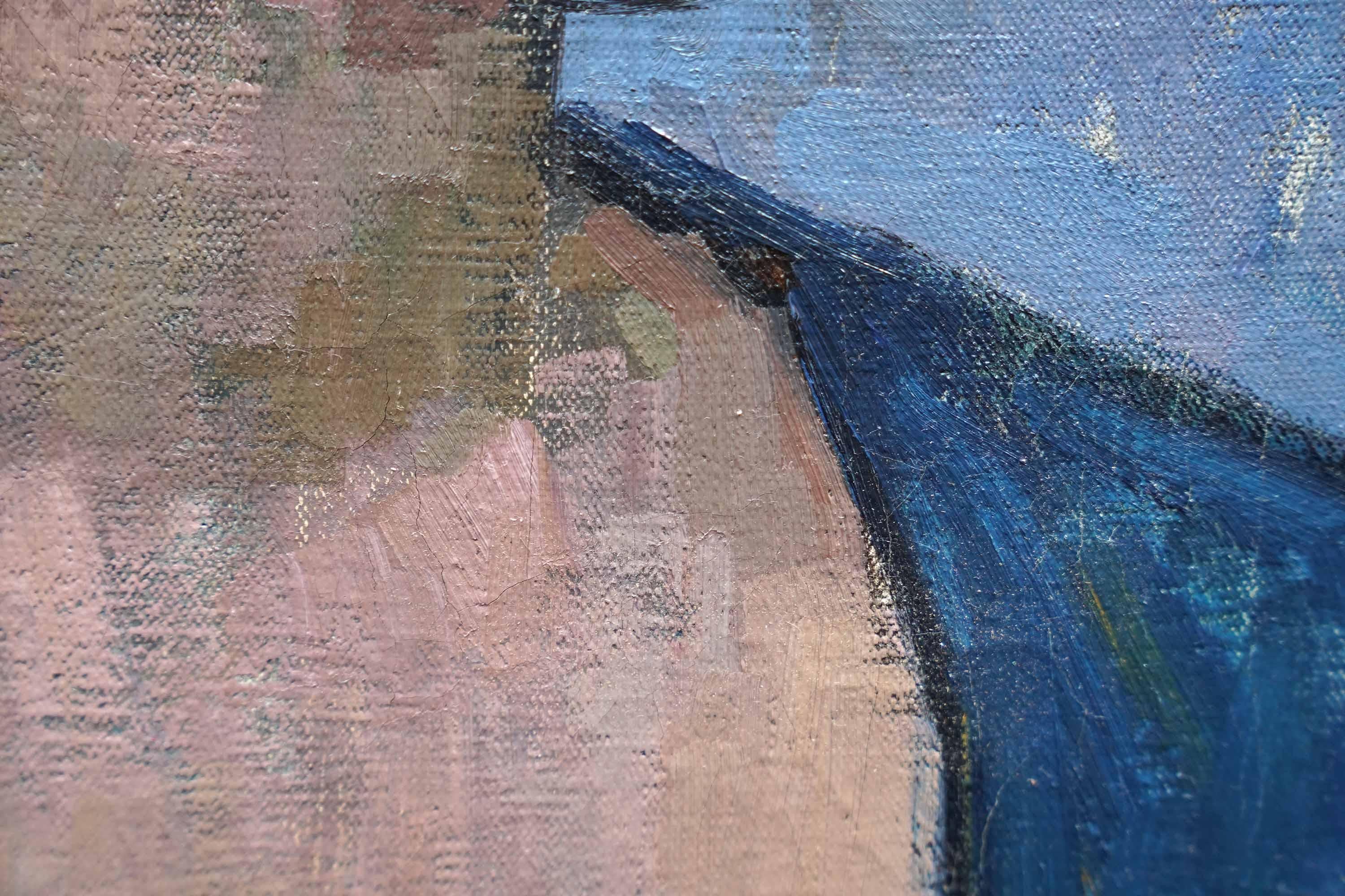 Portrait d'une jeune fille en robe bleue - peinture à l'huile britannique post-impressionniste des années 50 en vente 1