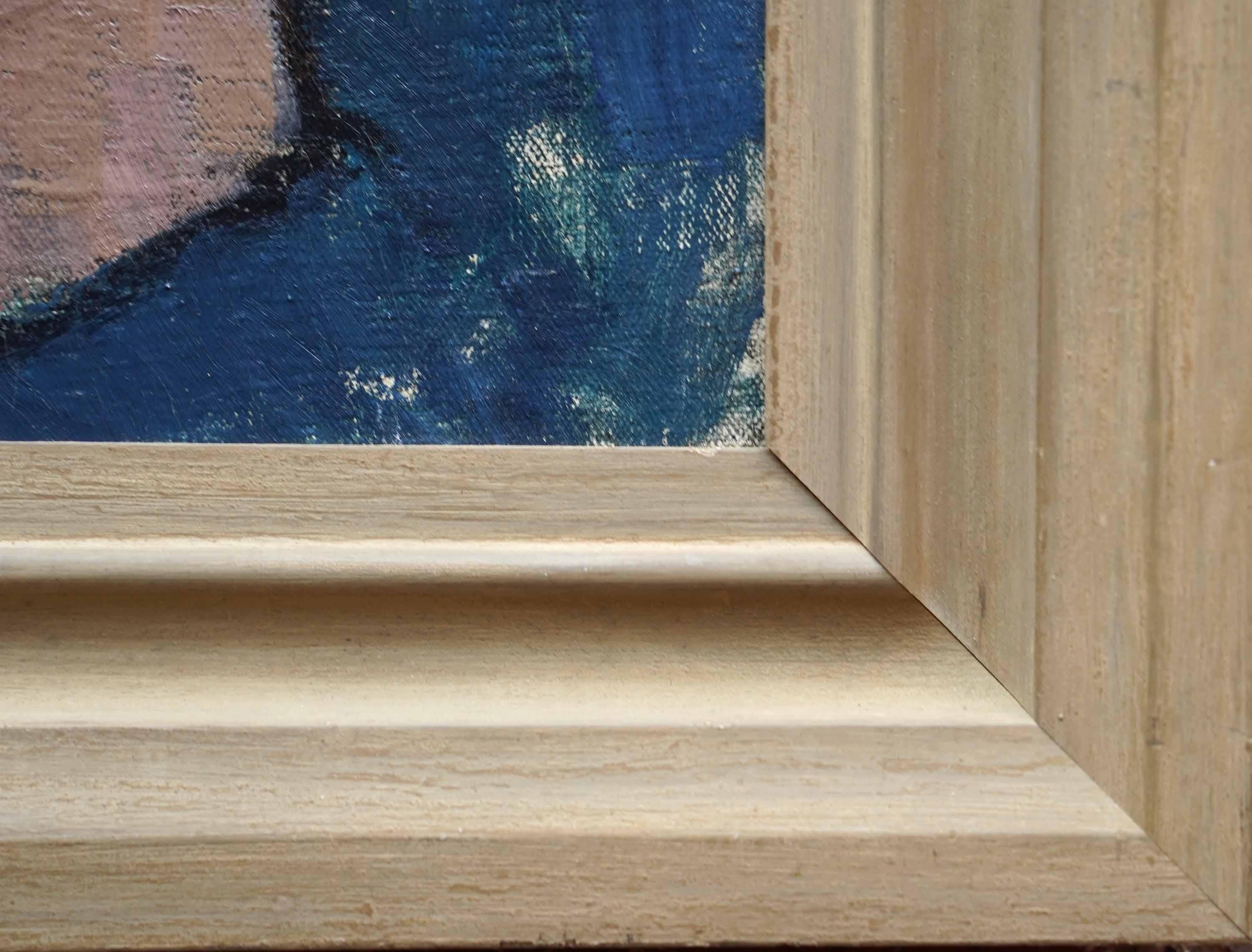 Portrait d'une jeune fille en robe bleue - peinture à l'huile britannique post-impressionniste des années 50 en vente 3