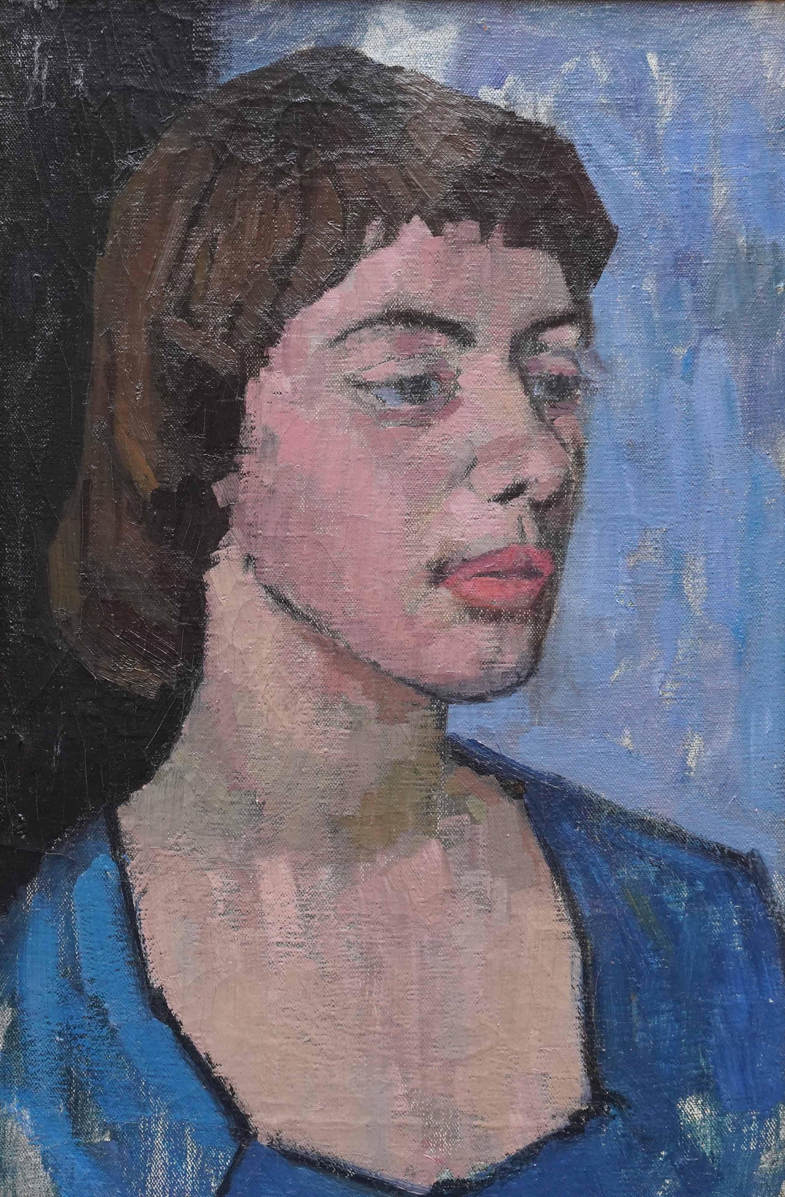 Portrait d'une jeune fille en robe bleue - peinture à l'huile britannique post-impressionniste des années 50 en vente 4