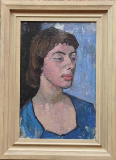 Portrait of Girl in Blue Dress - Britische postimpressionistische 50er Jahre Kunst Ölgemälde