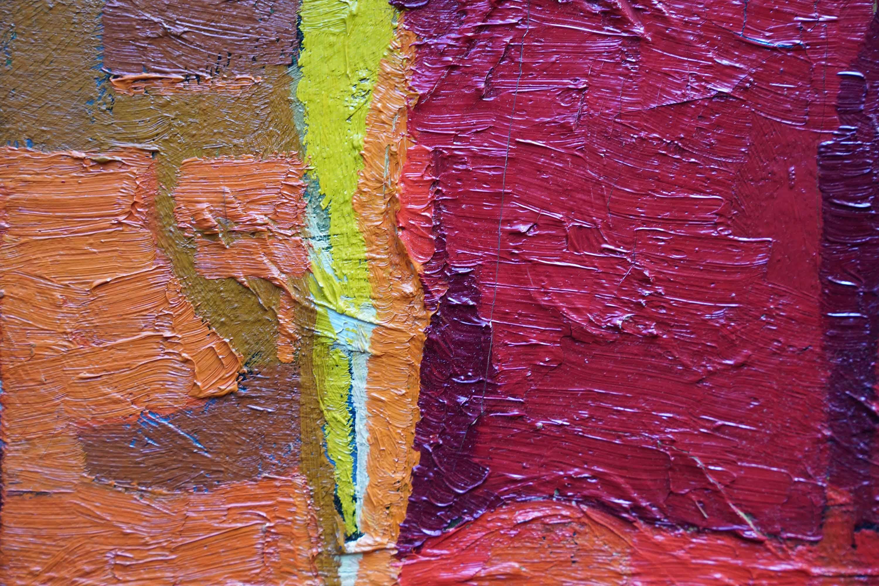Rot auf Orange und Grün Abstrakte Landschaft - Britische fünfziger Jahre Kunst Ölgemälde im Angebot 6