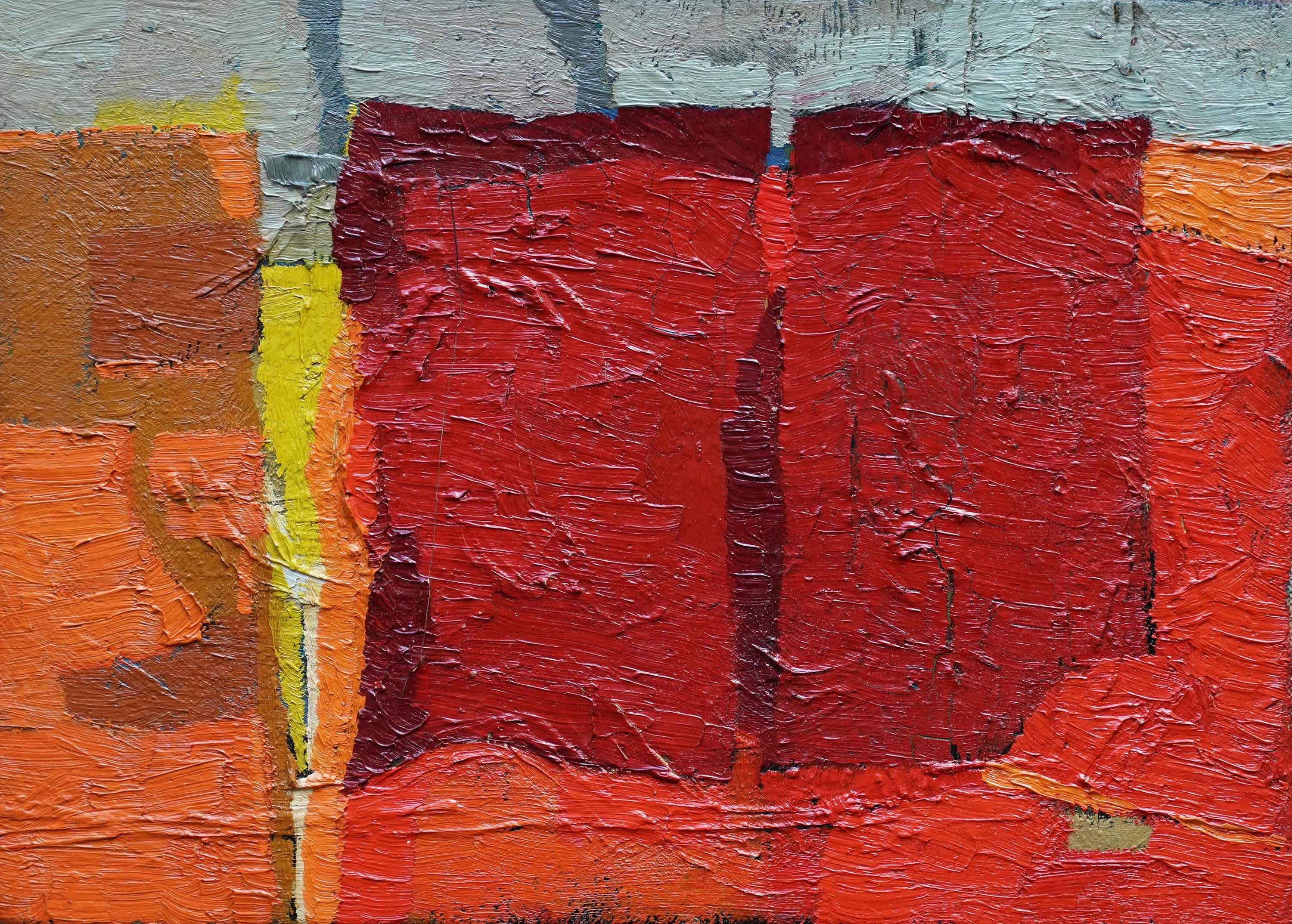 Rot auf Orange und Grün Abstrakte Landschaft - Britische fünfziger Jahre Kunst Ölgemälde – Painting von Peter L Field