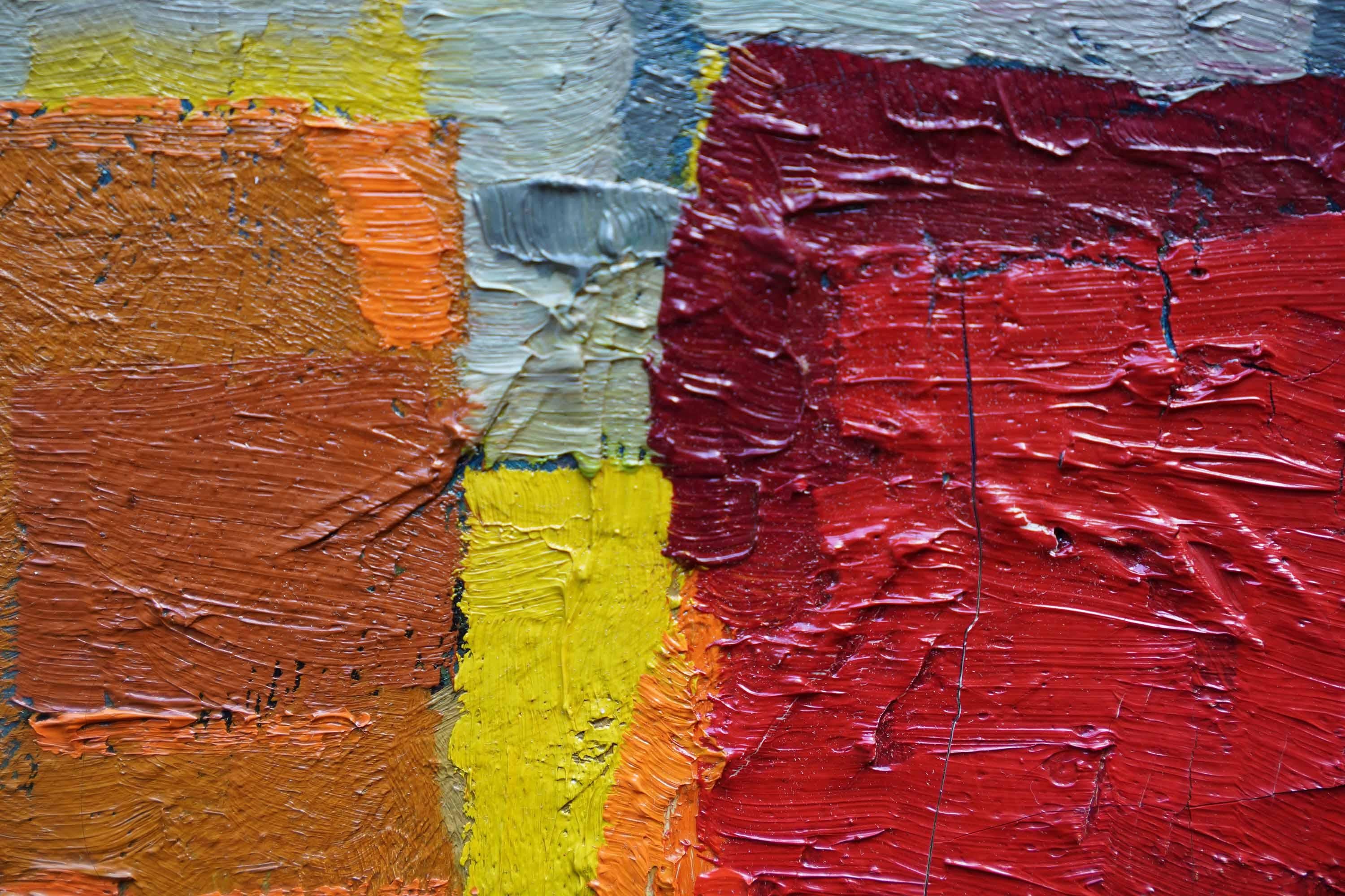 Rot auf Orange und Grün Abstrakte Landschaft - Britische fünfziger Jahre Kunst Ölgemälde (Braun), Landscape Painting, von Peter L Field