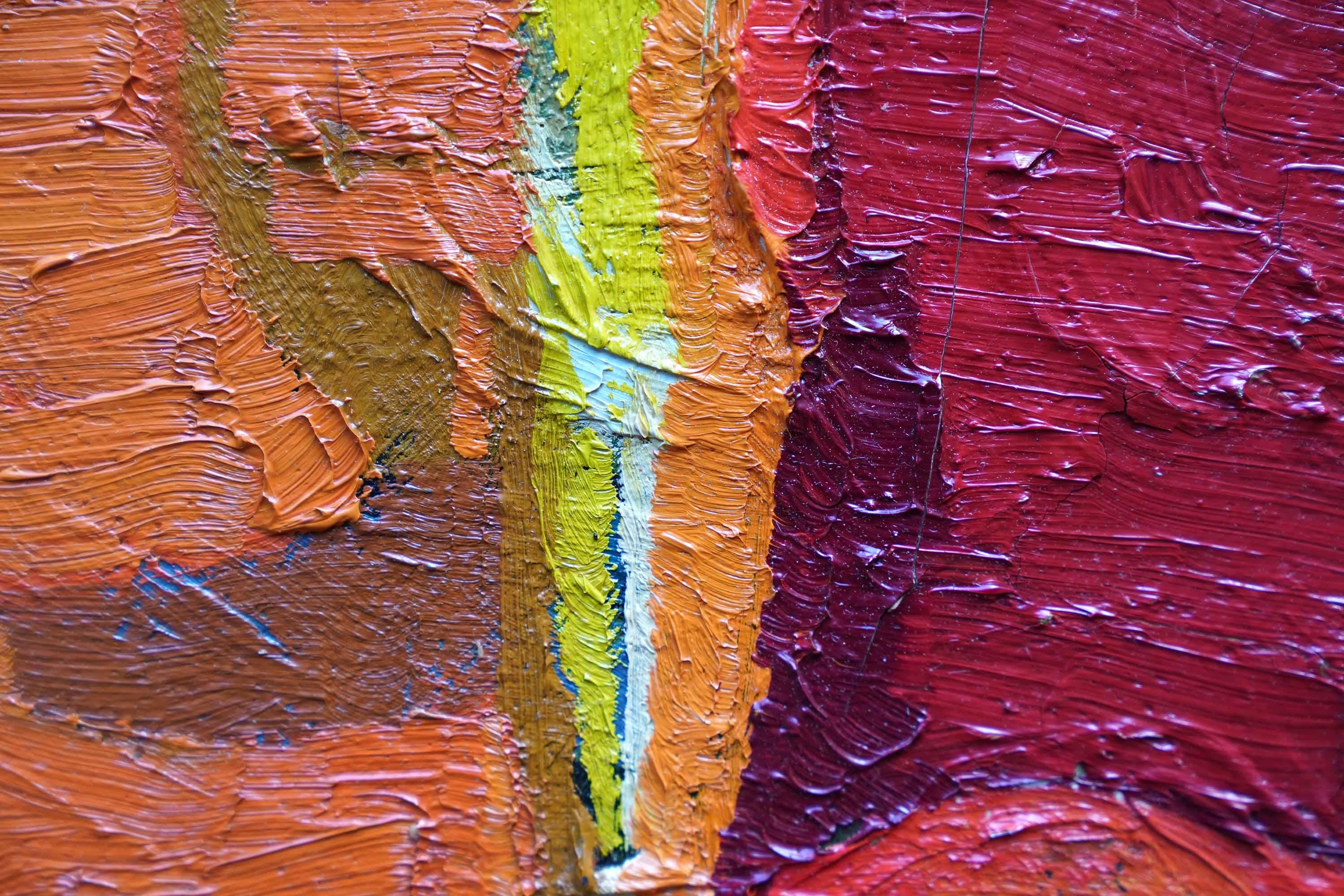 Dieses interessante britische abstrakte Ölgemälde stammt von dem Künstler Peter Field. CIRCA 1955 auf Leinwand gemalt und als Landschaft aufgehängt. Die Komposition besteht aus roten Rechtecken auf überwiegend rotem und orangefarbenem Hintergrund