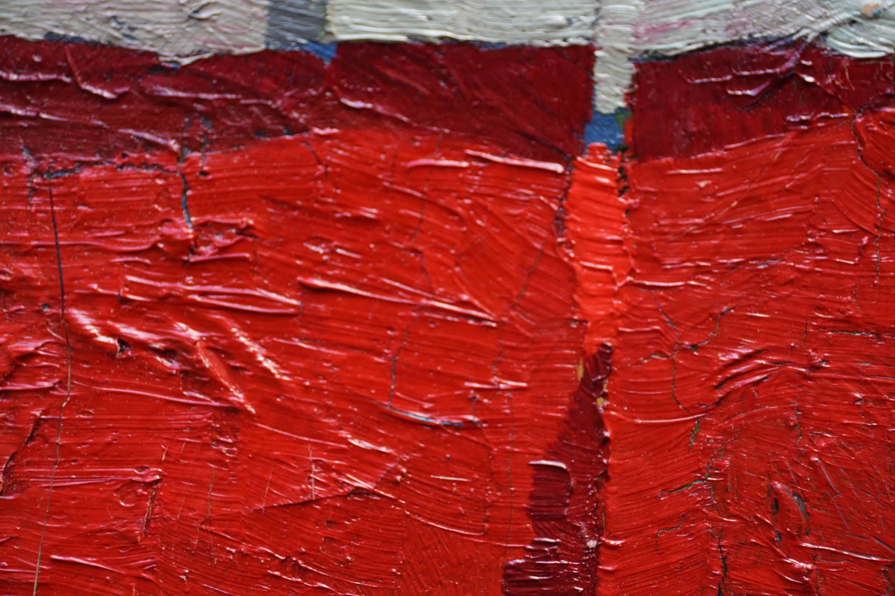 Rot auf Orange und Grün Abstrakte Landschaft - Britische fünfziger Jahre Kunst Ölgemälde im Angebot 1