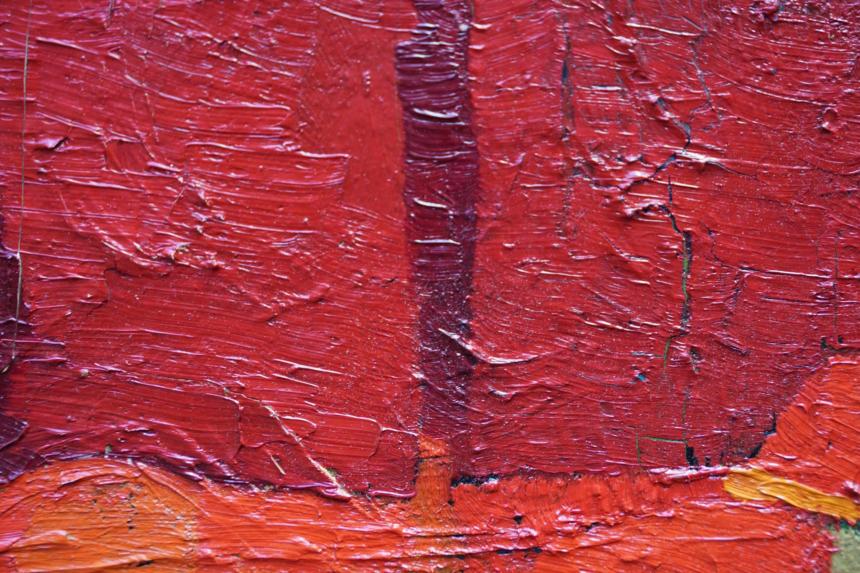Rot auf Orange und Grün Abstrakte Landschaft - Britische fünfziger Jahre Kunst Ölgemälde im Angebot 2