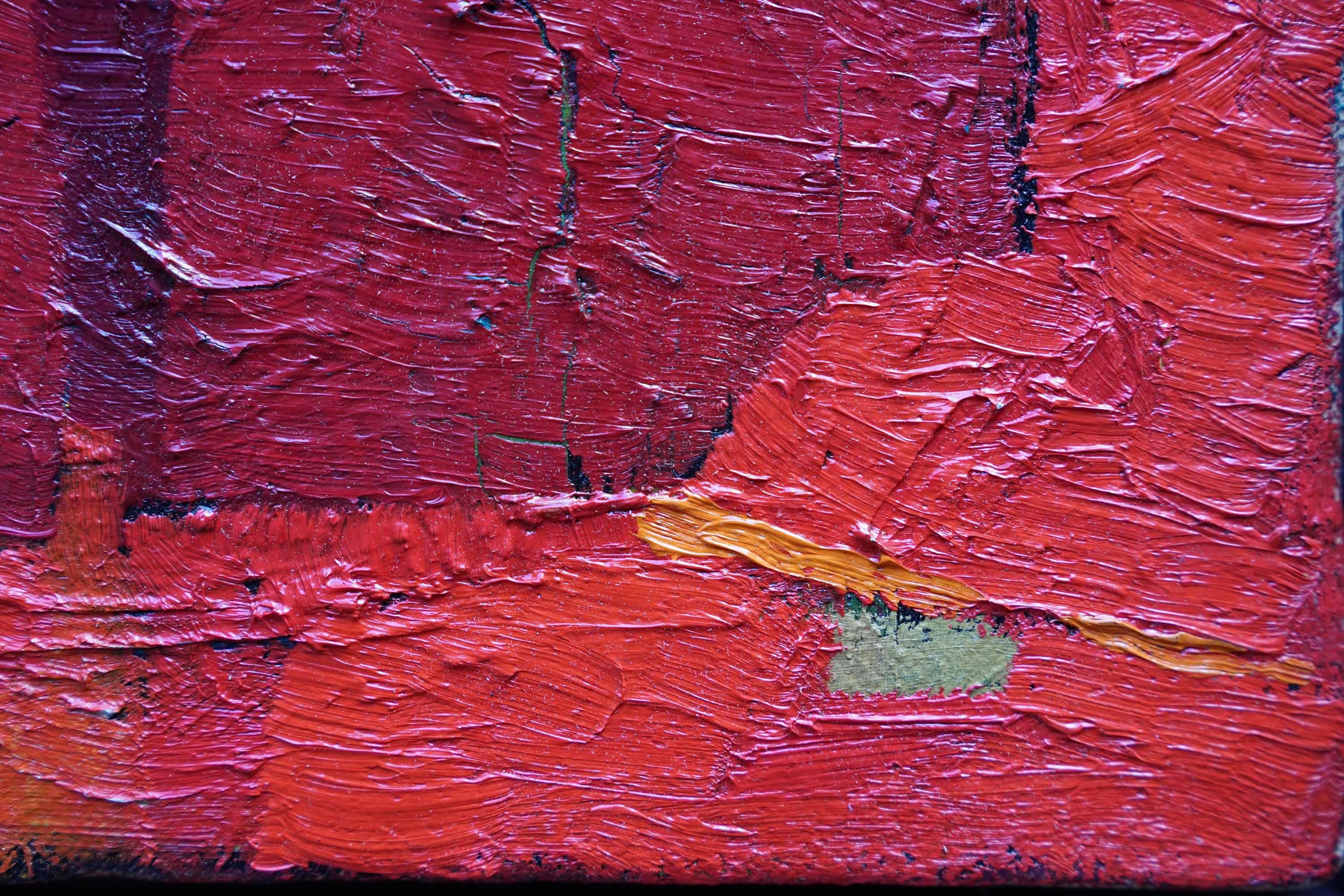Rot auf Orange und Grün Abstrakte Landschaft - Britische fünfziger Jahre Kunst Ölgemälde im Angebot 3