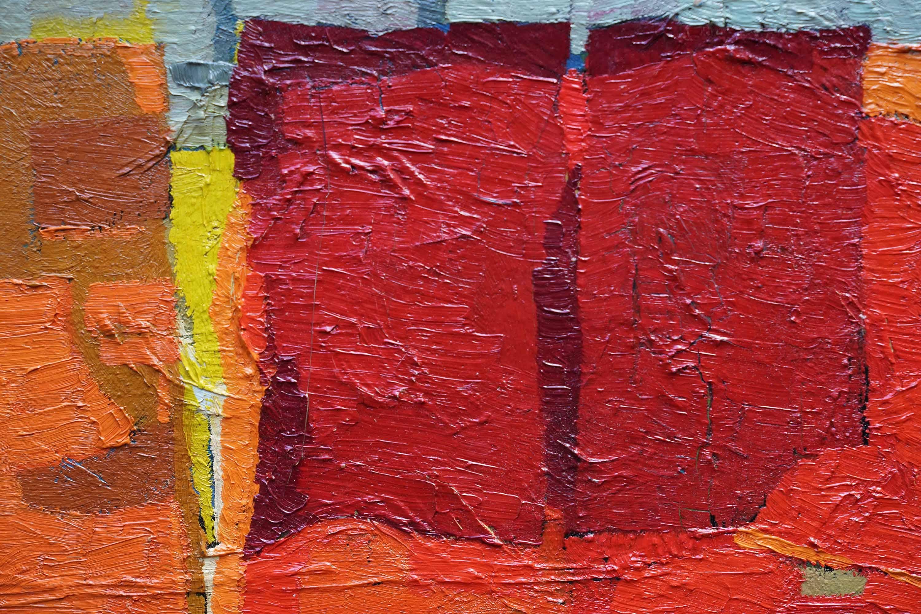 Rot auf Orange und Grün Abstrakte Landschaft - Britische fünfziger Jahre Kunst Ölgemälde im Angebot 5
