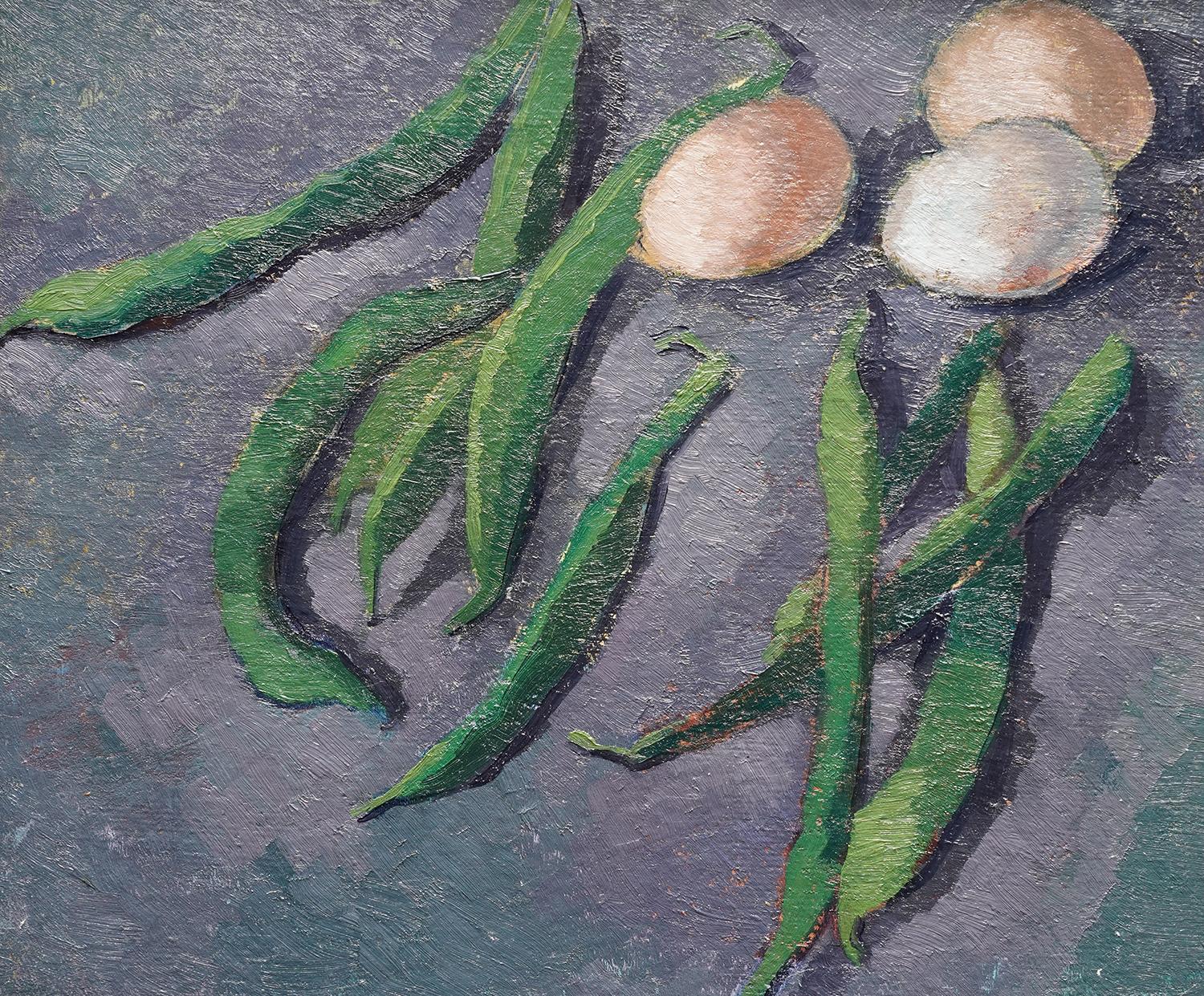 Stillleben mit Bohnen und Eiern - Britische 50er Jahre Post-Impressionistische Kunst Ölgemälde im Angebot 3